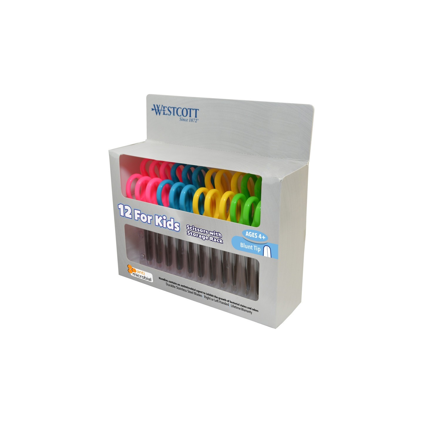 Westcott® Kids Blunt 5" Scissors with Storage Rack, Anti-Microbial Protection, Assorted Colors, Set of 12