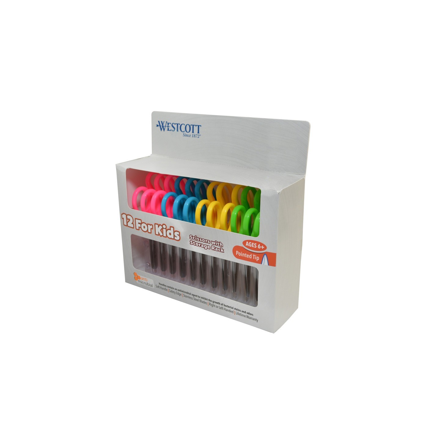 Westcott® Kids Pointed 5" Scissors with Storage Rack, Anti-Microbial Protection, Assorted Colors, Set of 12