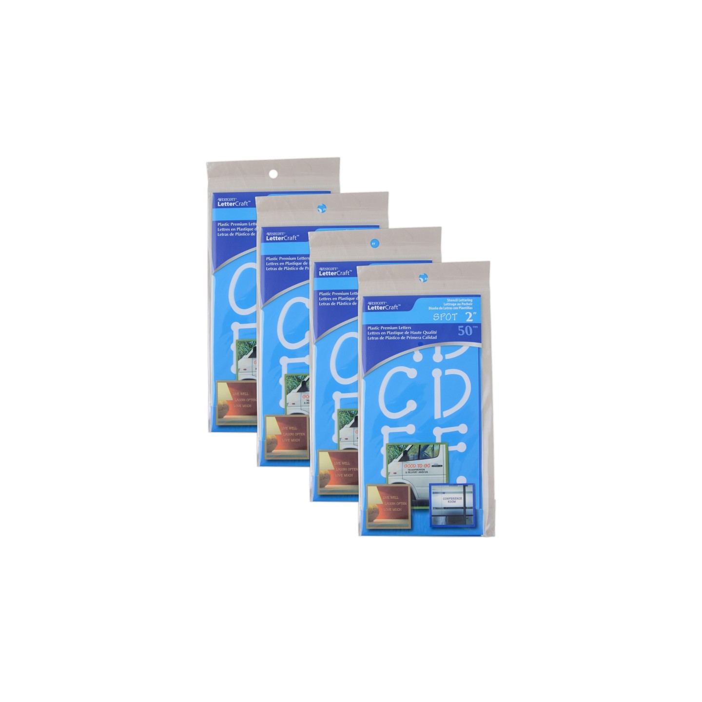 Westcott® LetterCraft Reusable Plastic Stencils, Full Alphabet, Spot Font, 2-Inch, 4 Per Pack, 4 Packs