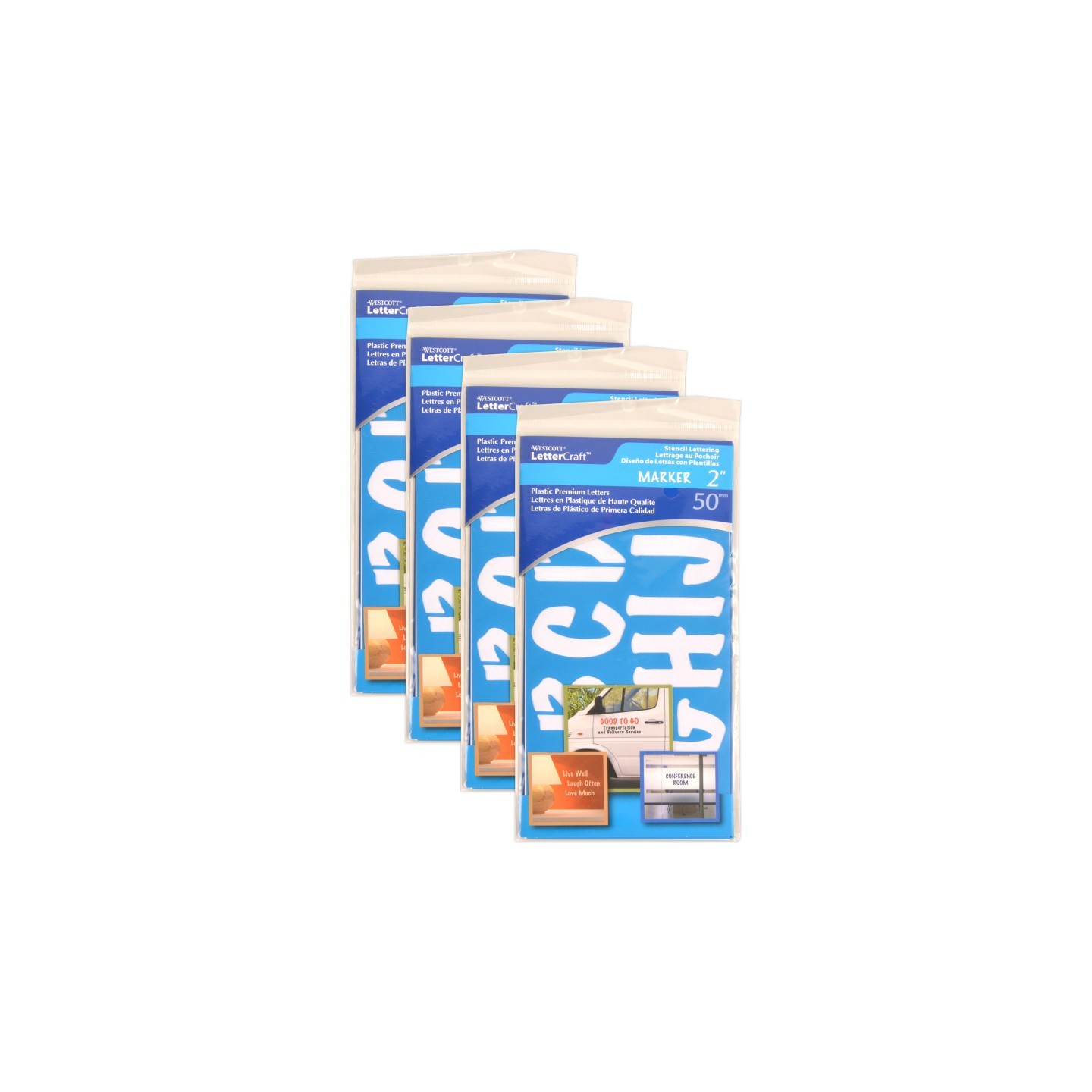 Westcott® LetterCraft Reusable Plastic Stencils, Full Alphabet & Numbers, Marker Font, 2-Inch, 6 Per Pack, 4 Packs