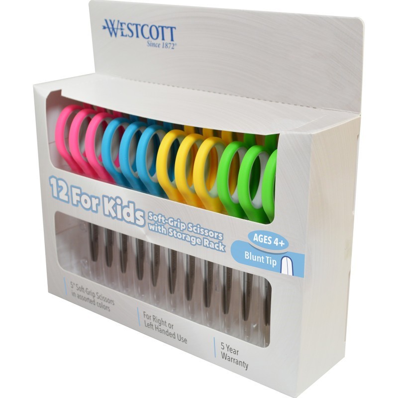 Westcott® Soft Handle 5" Kids Scissors Classpack with Storage Rack, Blunt, Pack of 12