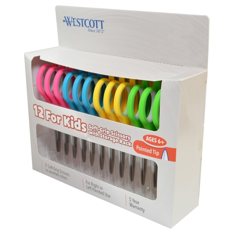 Westcott® Soft Handle 5" Kids Scissors Classpack with Storage Rack, Pointed, Pack of 12