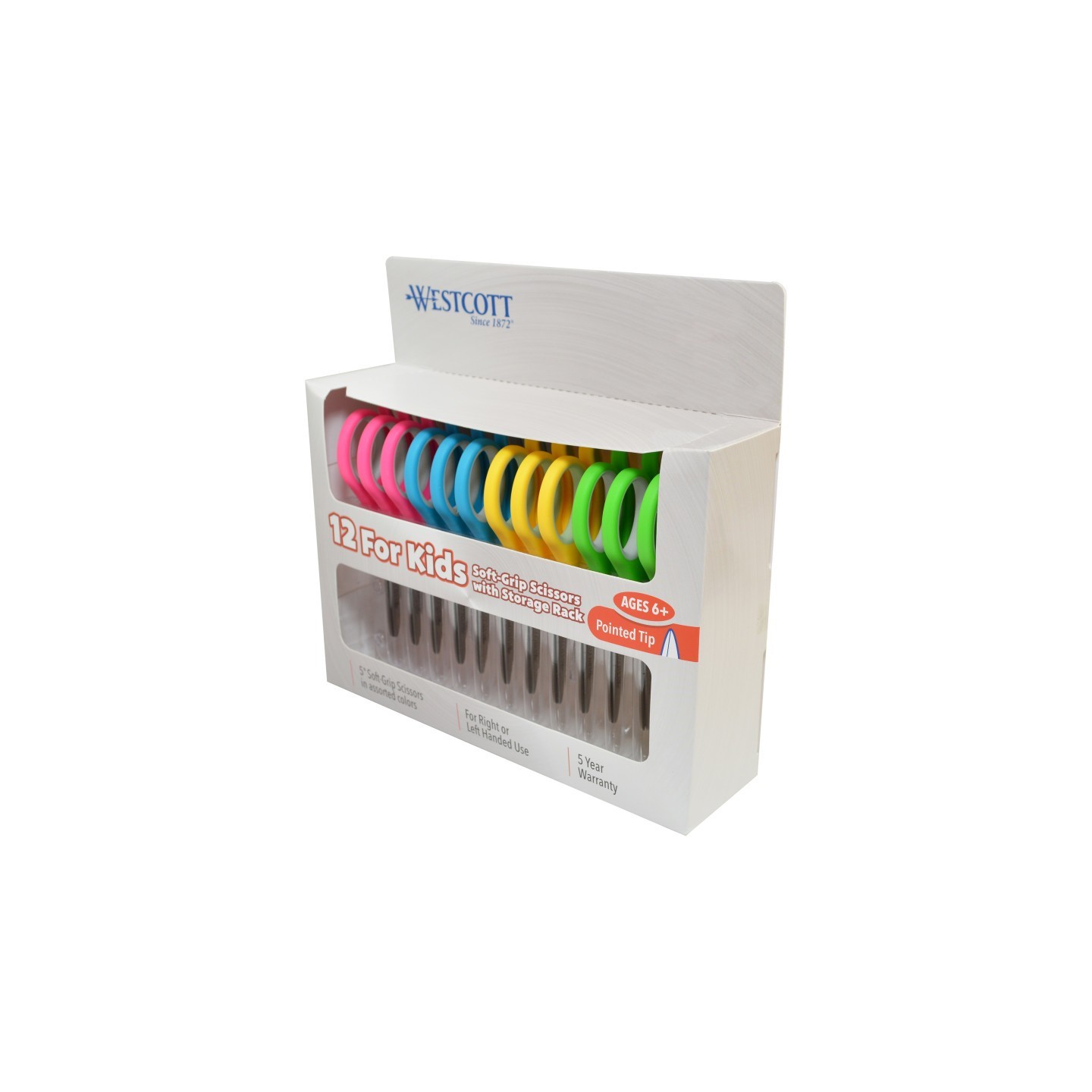 Westcott® Soft Handle 5" Kids Scissors Classpack with Storage Rack, Pointed, Pack of 12