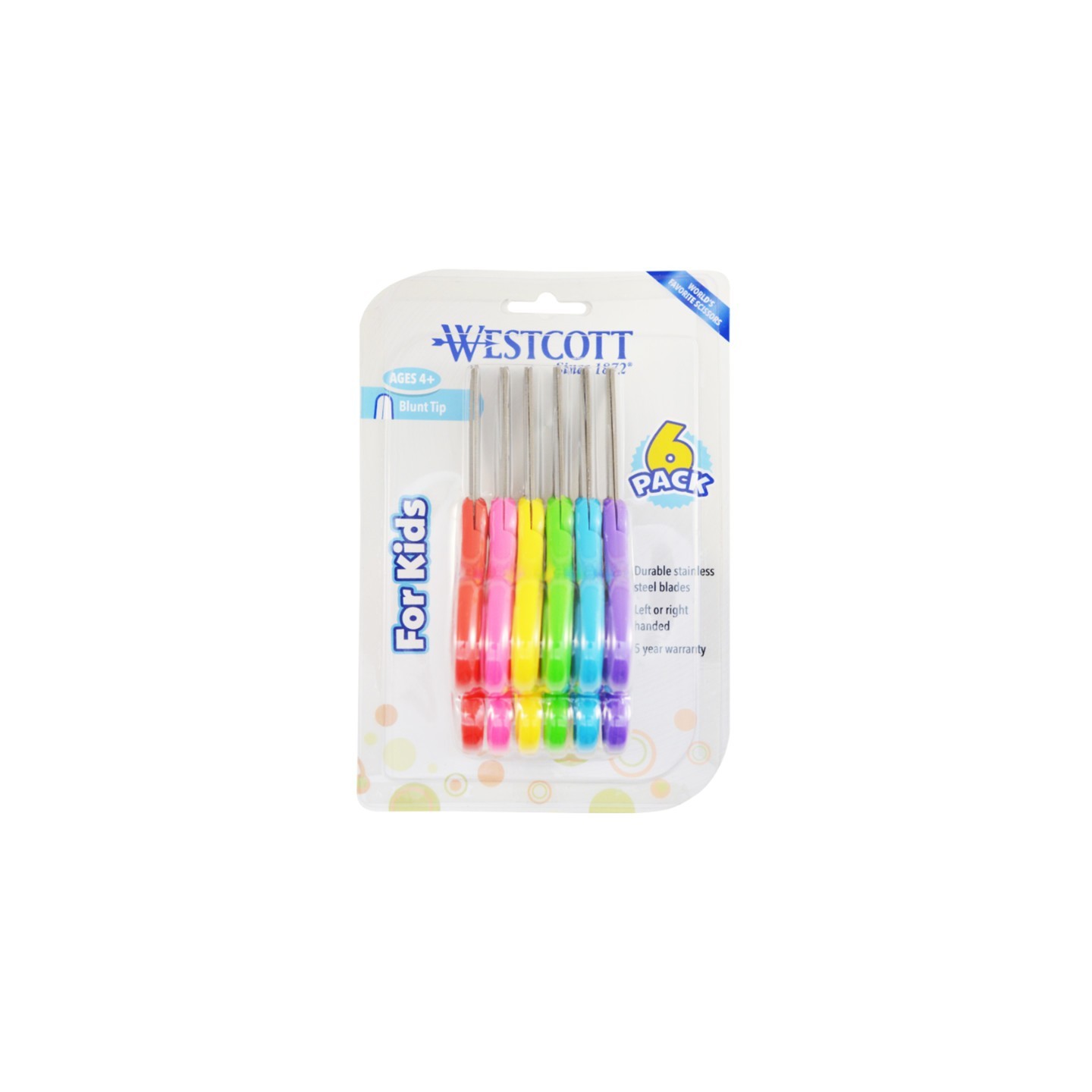 Westcott® For Kids Scissors, Rounded Tip, 5 in Long, 1.75 in Cut Length, Straight Assorted Color Handles, 6/Pack