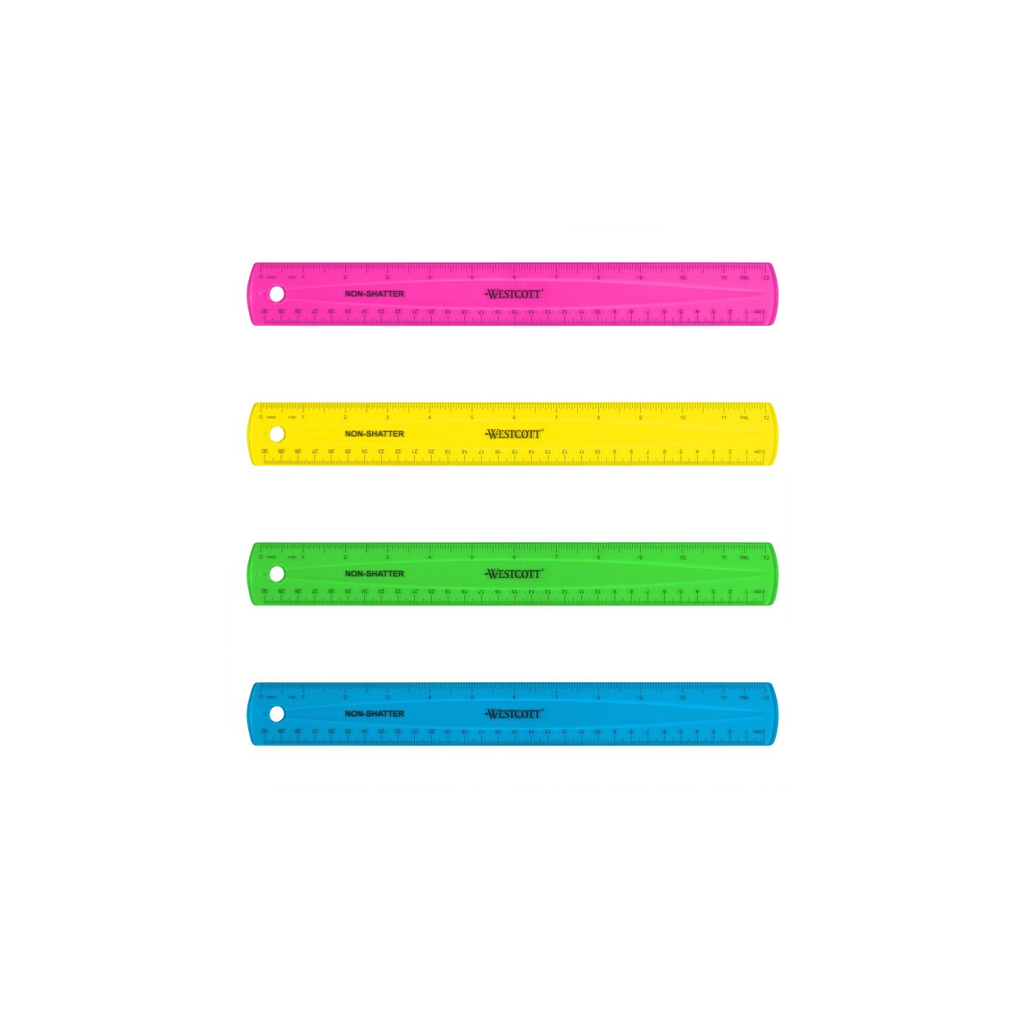 Westcott® Non-Shatter Flexible Ruler, Standard/Metric, 12 in (30 Cm) Long, Plastic, Asst Colors, 12 Per Pack