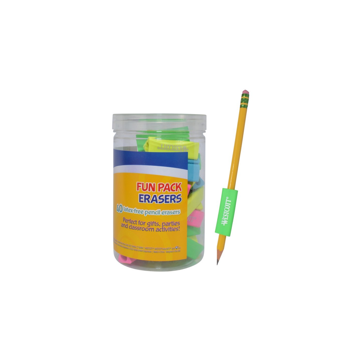 Westcott® Erasers Fun Pack, Assorted Colors, 40 Count