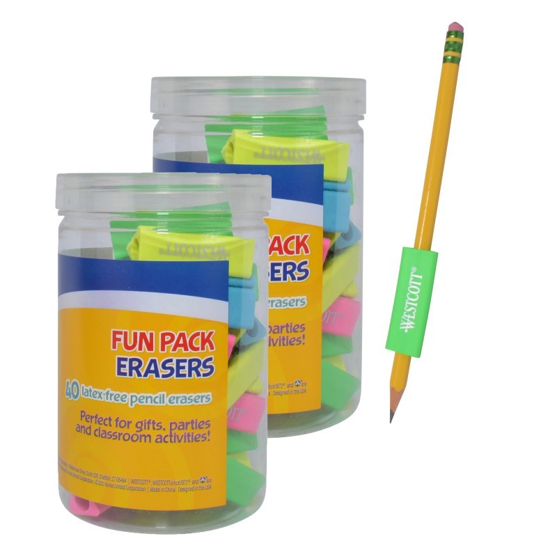 Westcott® Erasers Fun Pack, Assorted Colors, 40 Per Pack, 2 Packs