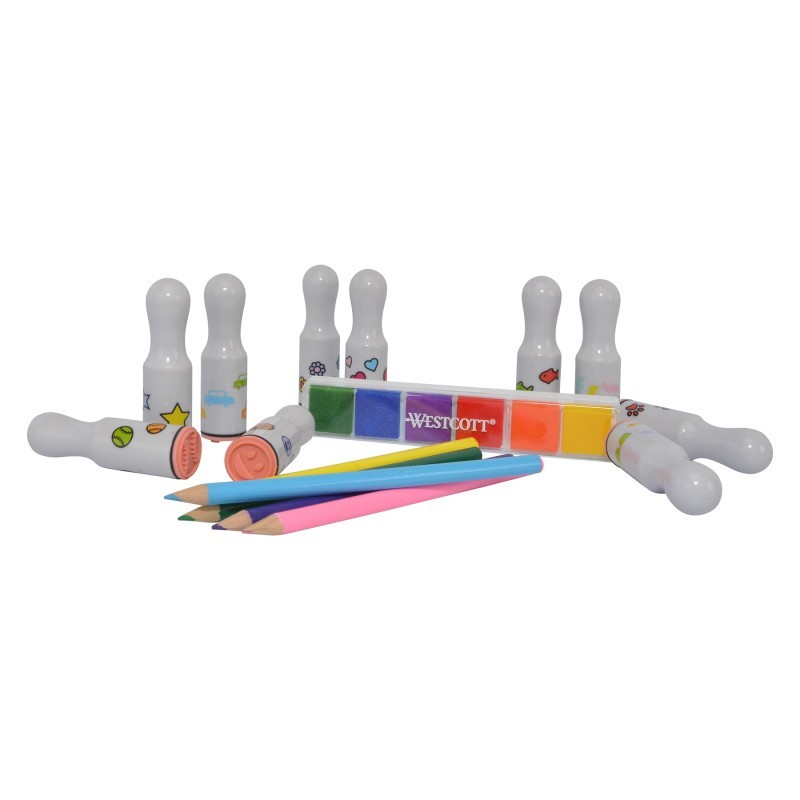 Westcott® 16-Piece Stamp Set, 10 Stamps, Colored Pencils, Multi-Color Ink Pad