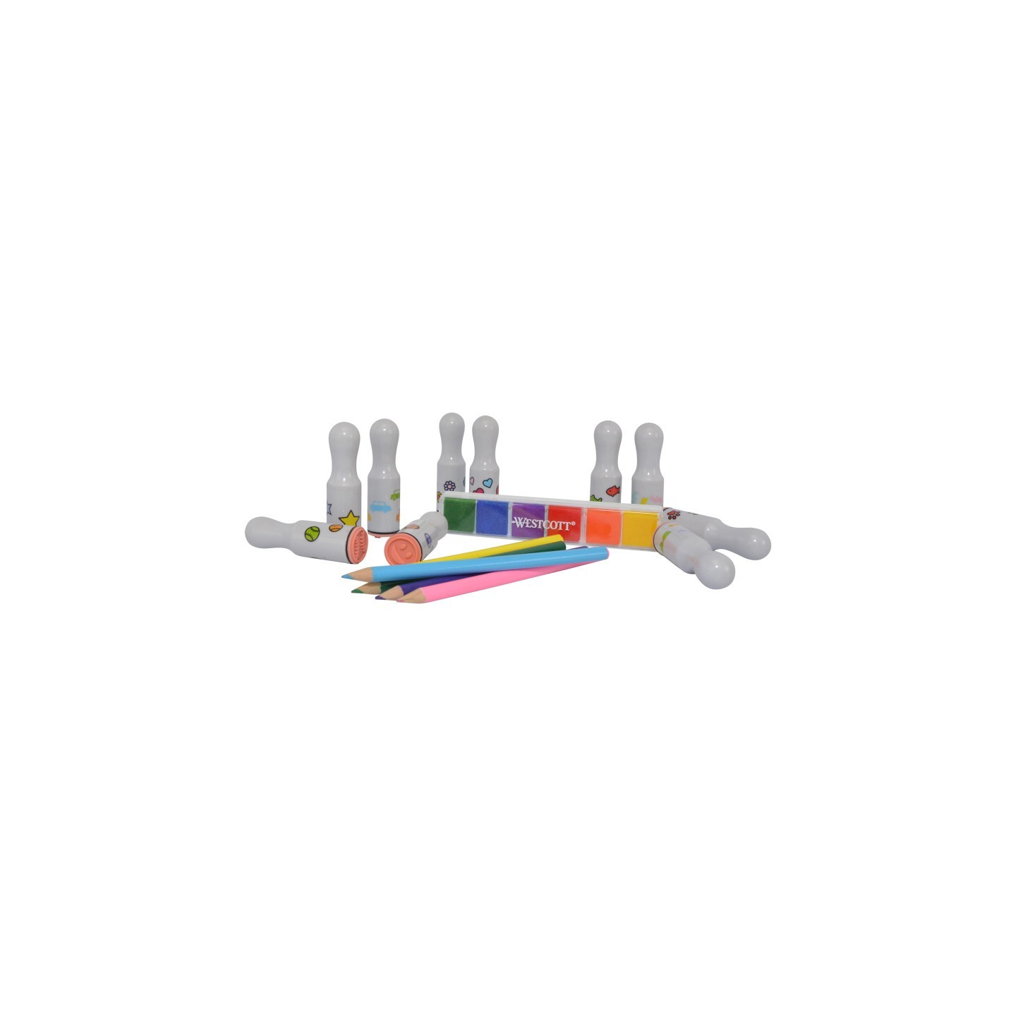 Westcott® 16-Piece Stamp Set, 10 Stamps, Colored Pencils, Multi-Color Ink Pad