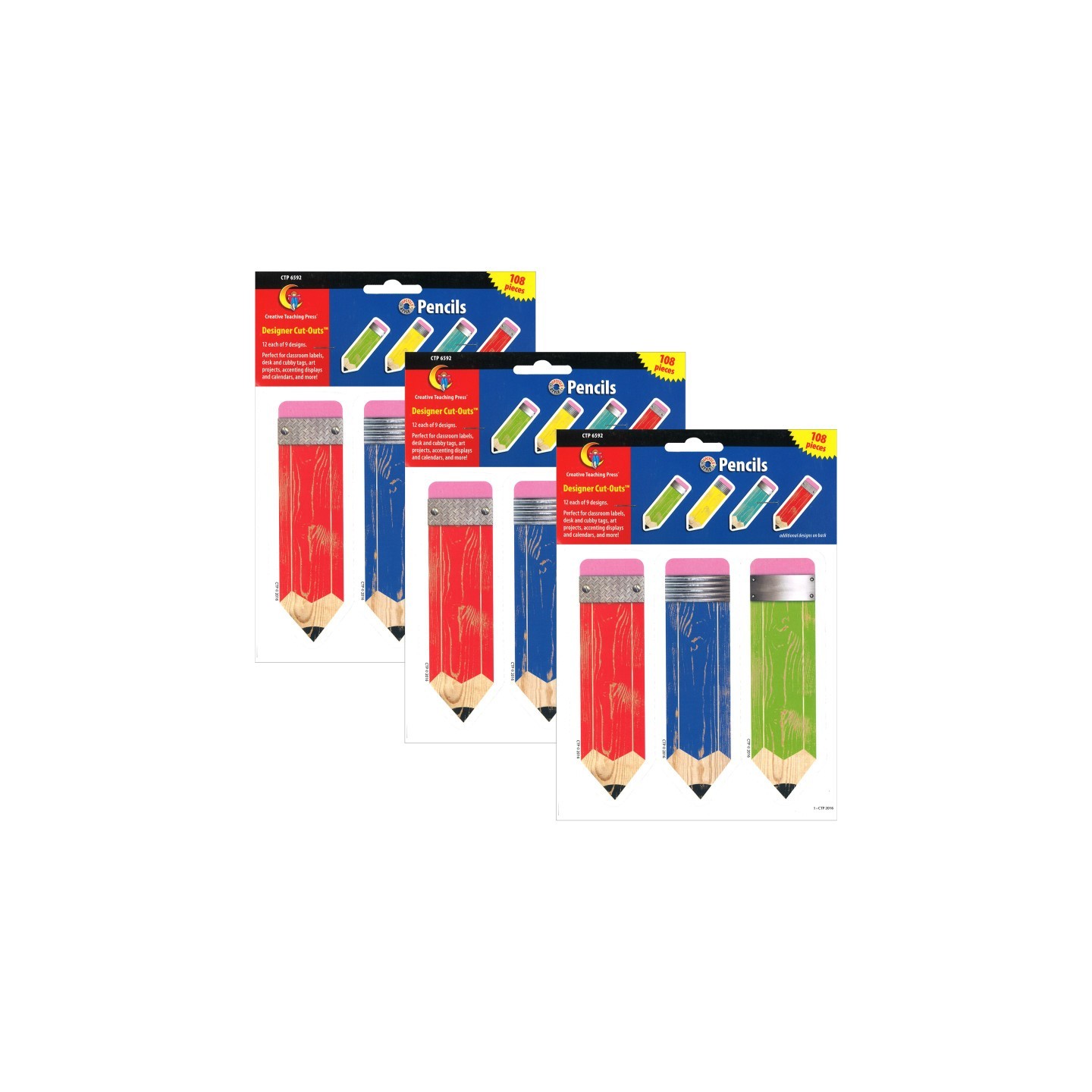 Creative Teaching Press® Upcycle Style Pencils 6" Designer Cut-Outs, 108 Per Pack, 3 Packs