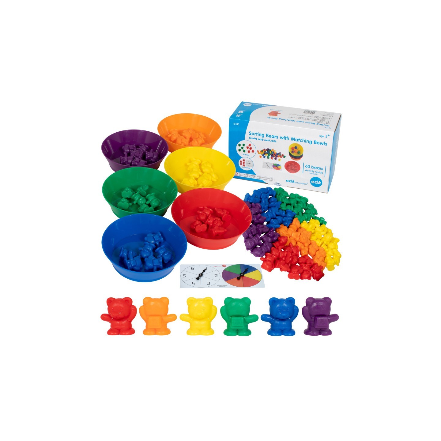 edxeducation® Counting Bears with Matching Bowls - 68pc Set - 60 Bear Counters, 6 Bowls & 2 Game Spinners