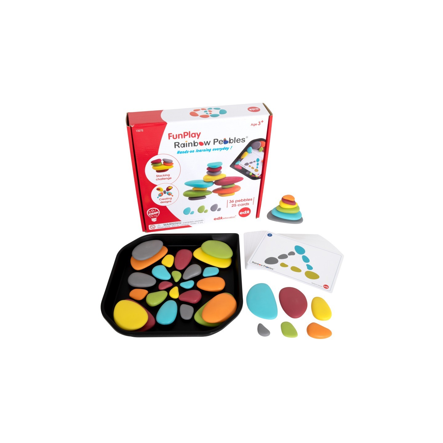 edxeducation® Rainbow Pebbles - FunPlay Activity Set - Set of 36 + 50 Activities + Messy Tray