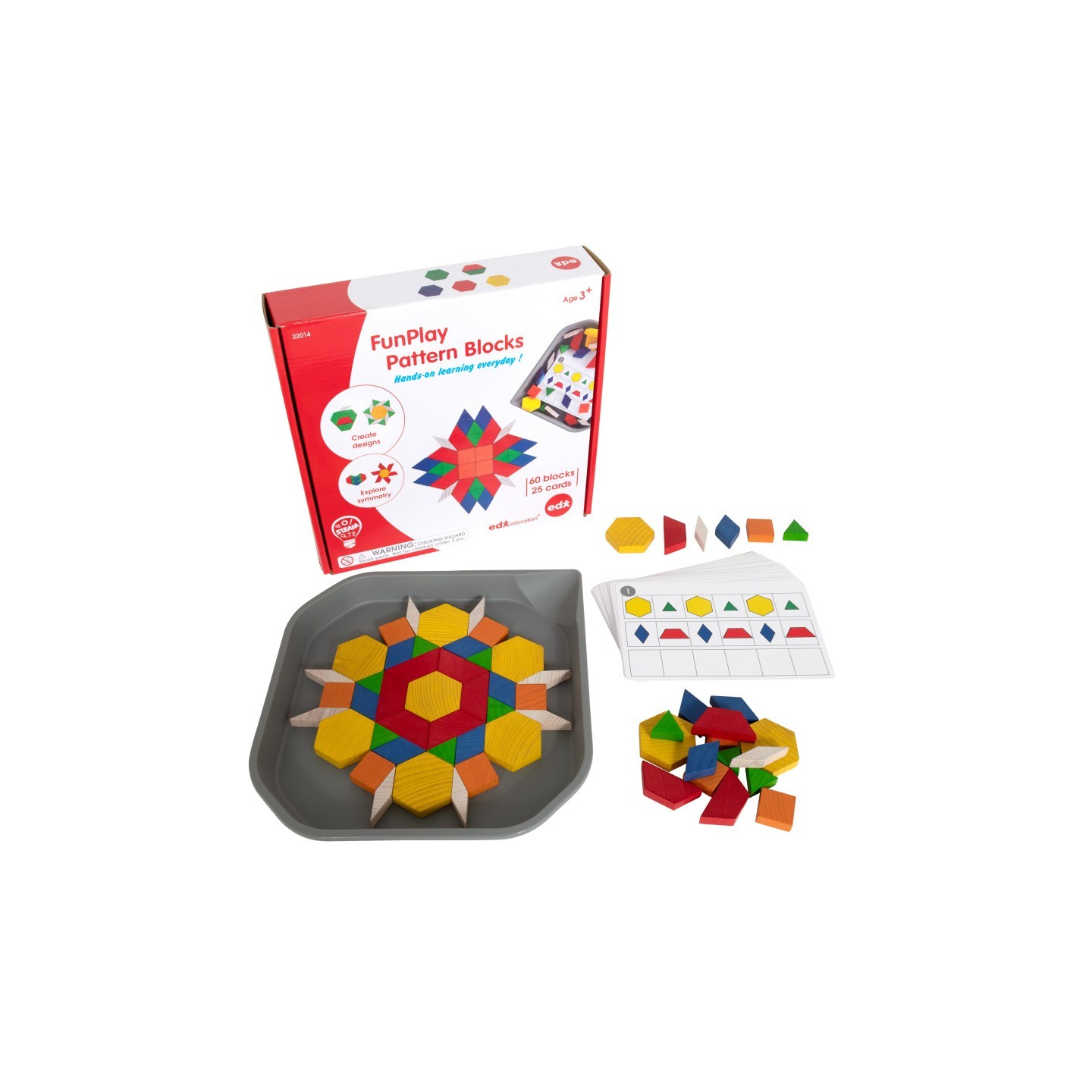 edxeducation® FunPlay Pattern Blocks - Set of 60 Wooden Math Manipulatives + 50 Activities + Messy Tray