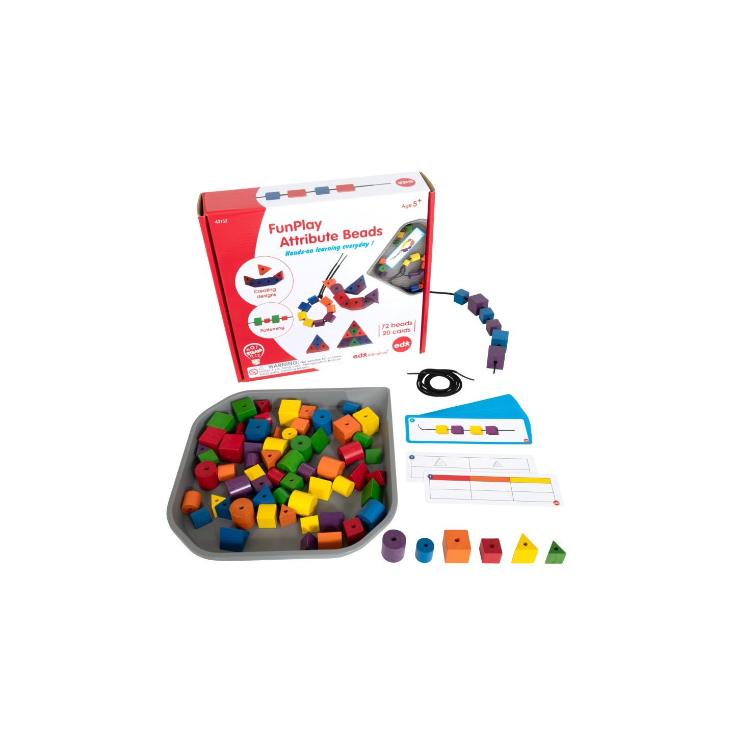 edxeducation® FunPlay Attribute Beads - 72 Wooden Lacing Beads + 2 Laces + 40 Activities + Messy Tray