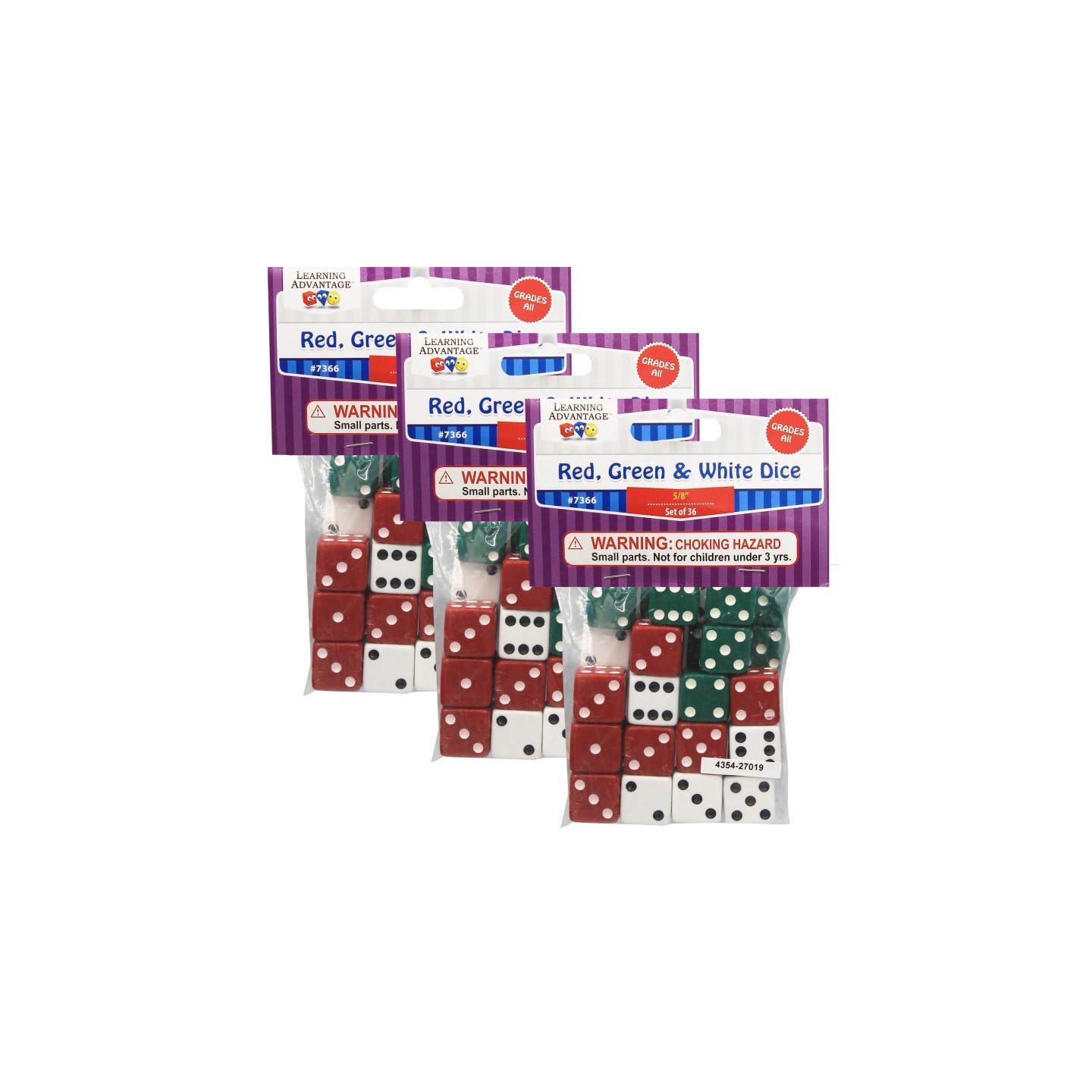 Learning Advantage® Dot Dice - Red/Green/White - 36 Per Pack, 3 Packs