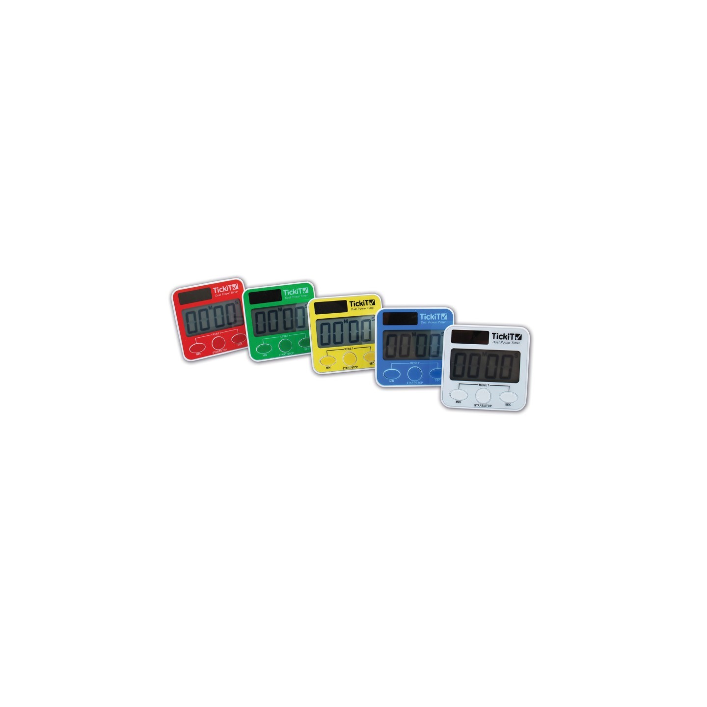 TickiT® Dual Power Timers - Set of 5 - Red, Yellow, Green, Blue, White - Solar and Battery Powered Digital Timers