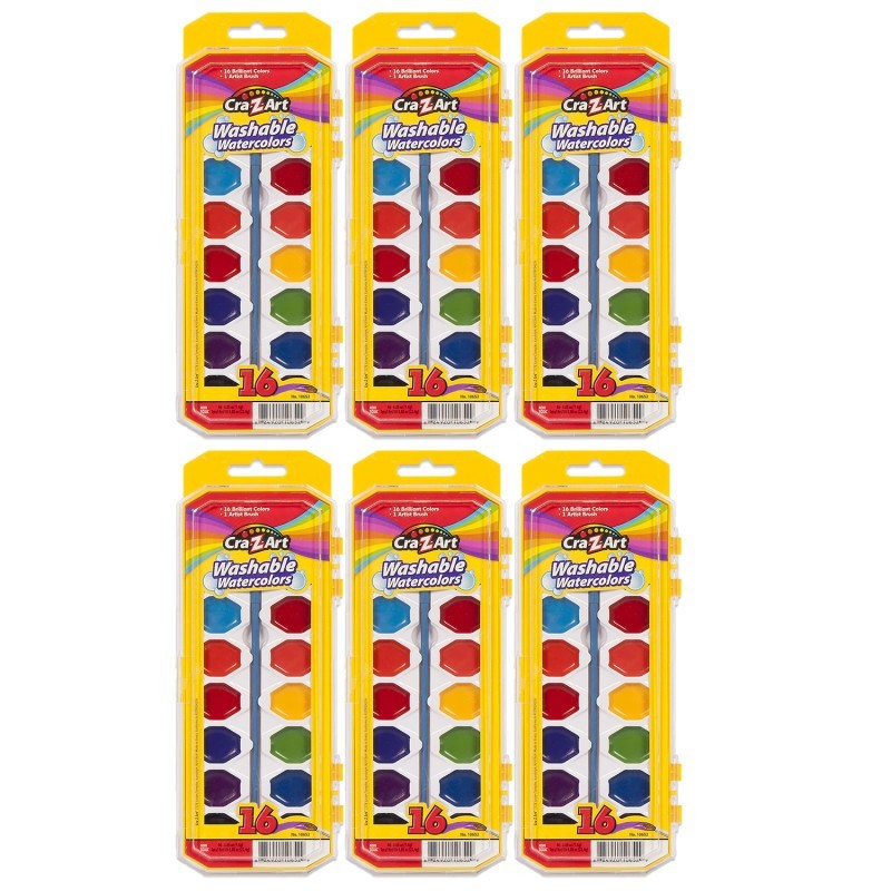 Cra-Z-Art® Washable Watercolors with Brush, Peggable Tray, 16 Colors Per Set, 6 Sets