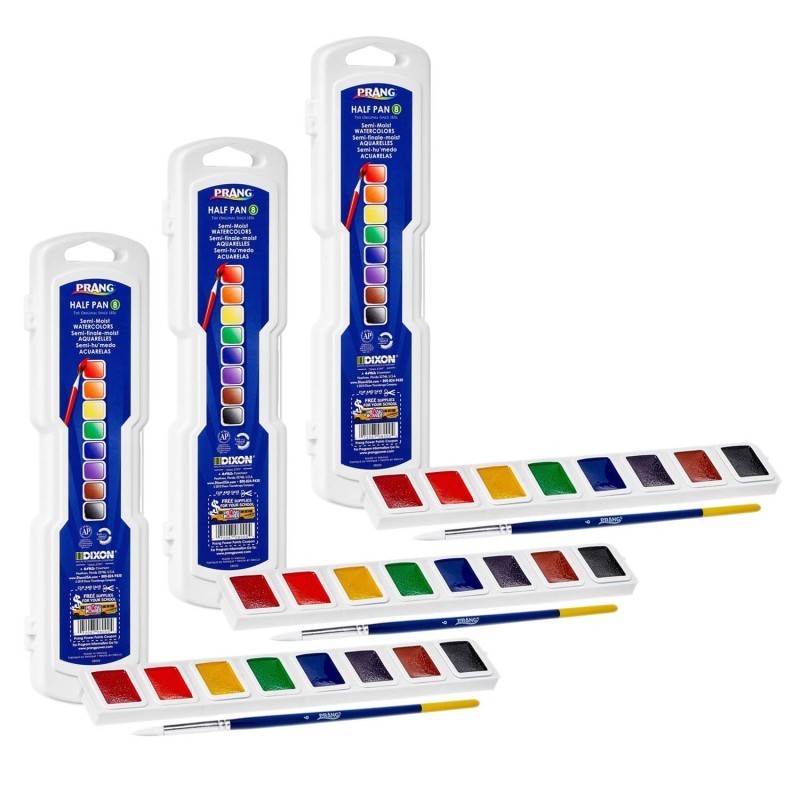 Prang® Professional Watercolors, 8-Color Half Pan Set with Brush, 3 Sets