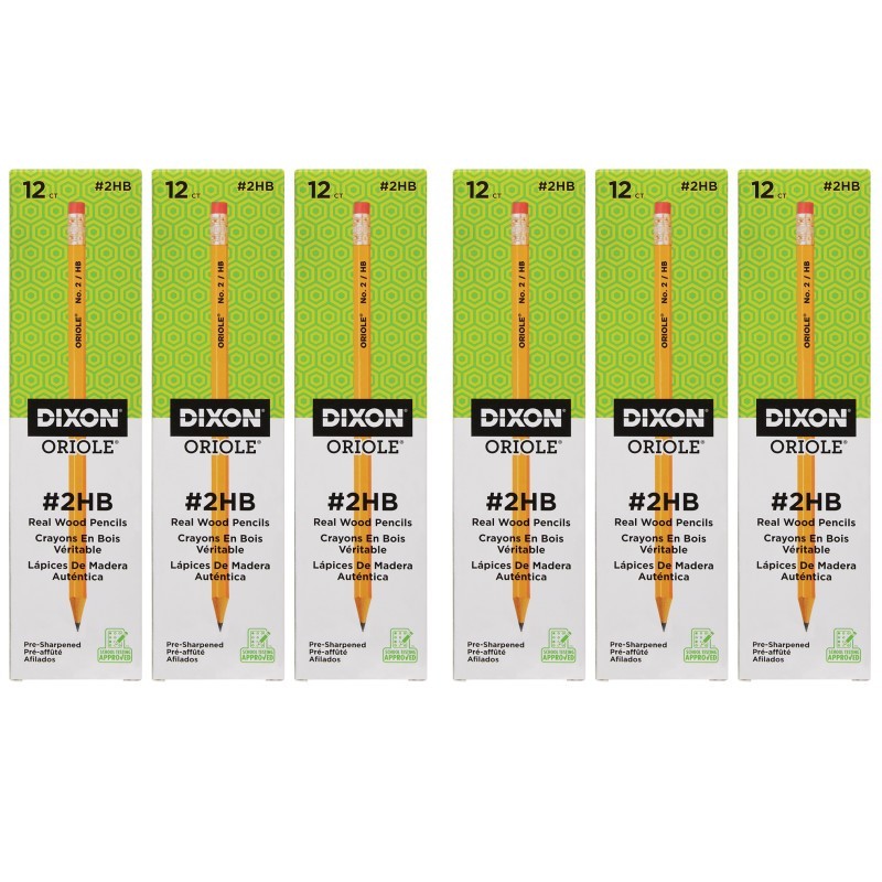 Dixon® Oriole® Wood-Cased Pencils, #2 HB Soft, Pre-Sharpened, Yellow, 12 Per Pack, 6 Packs