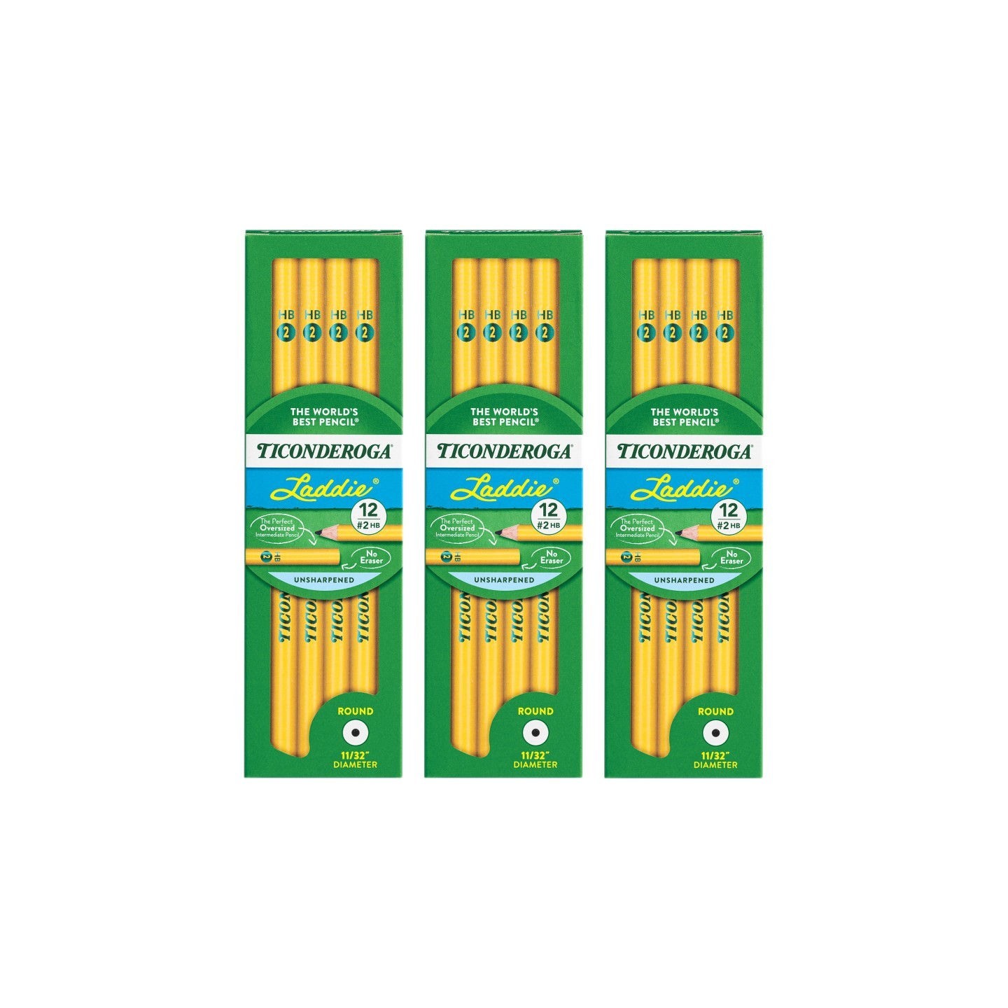 Ticonderoga® Laddie® Wood-Cased Pencils, #2 HB Soft, Yellow, 12 Per Pack, 3 Packs