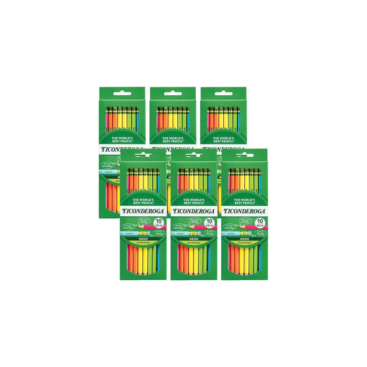 Ticonderoga® Premium Neon Wood No. 2 Pencils with Eraser, 10 Per Pack, 6 Packs