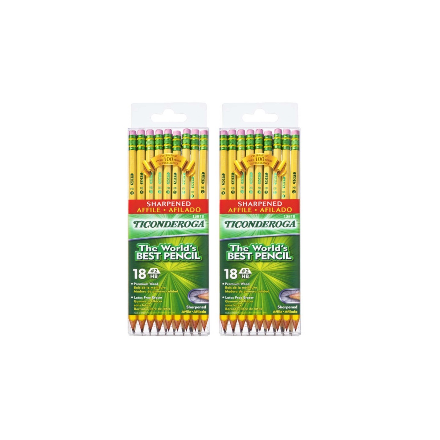 Ticonderoga® Pencils, #2 Soft, Yellow, Presharpened, 18 Per Pack, 2 Packs