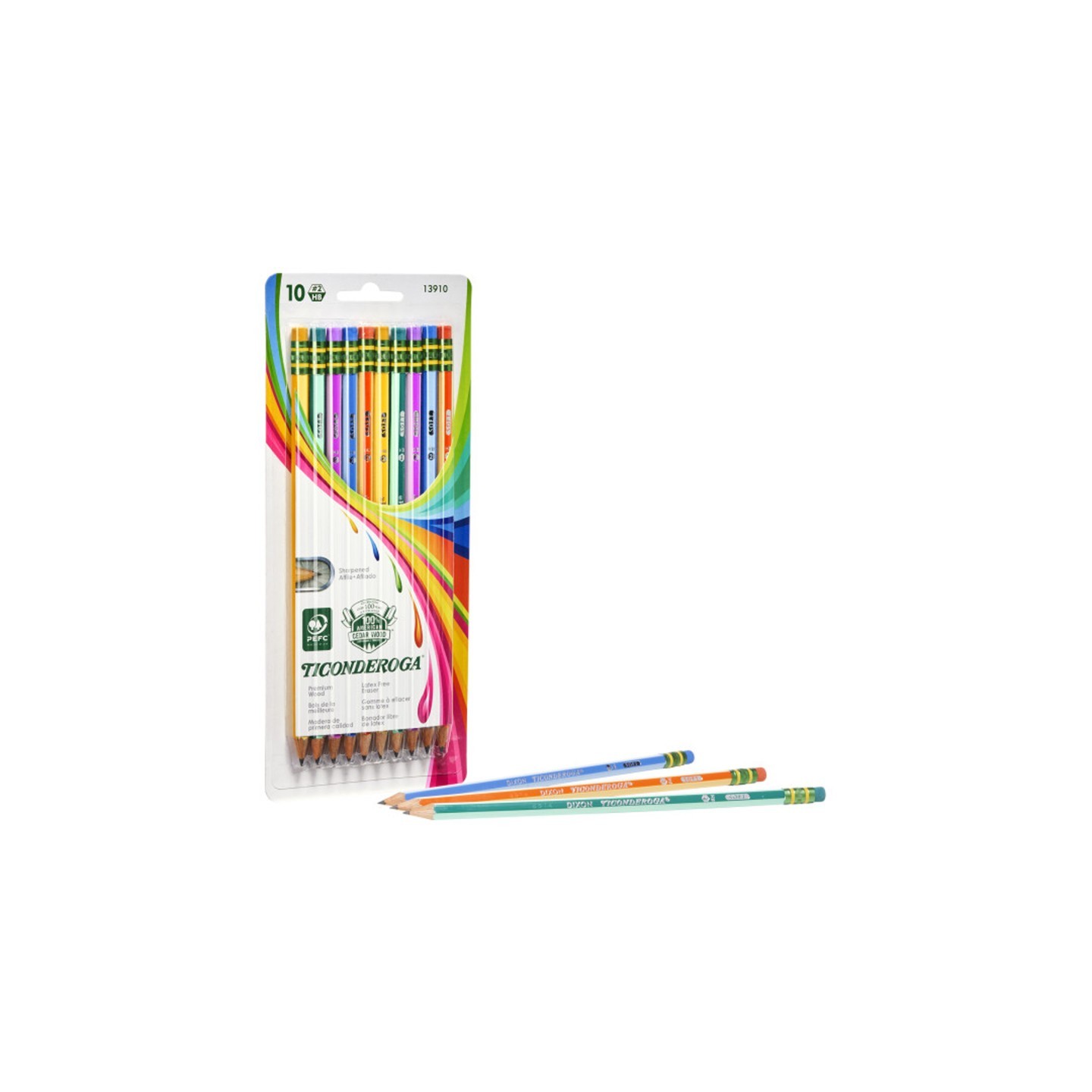 Ticonderoga® Pencils, #2 Soft, Neon Stripes, Presharpened, Pack of 10