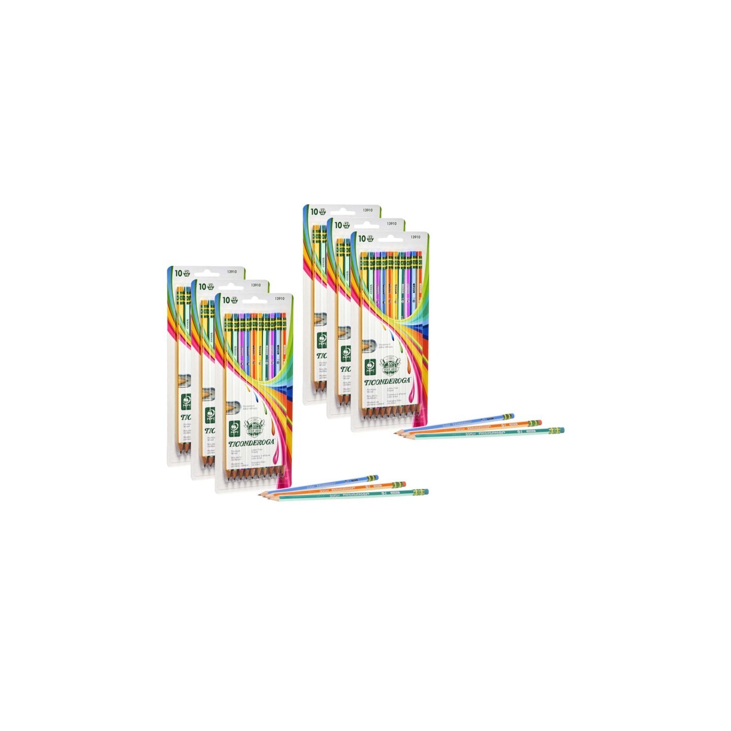 Ticonderoga® Pencils, #2 Soft, Neon Stripes, Presharpened, 10 Per Pack, 6 Packs
