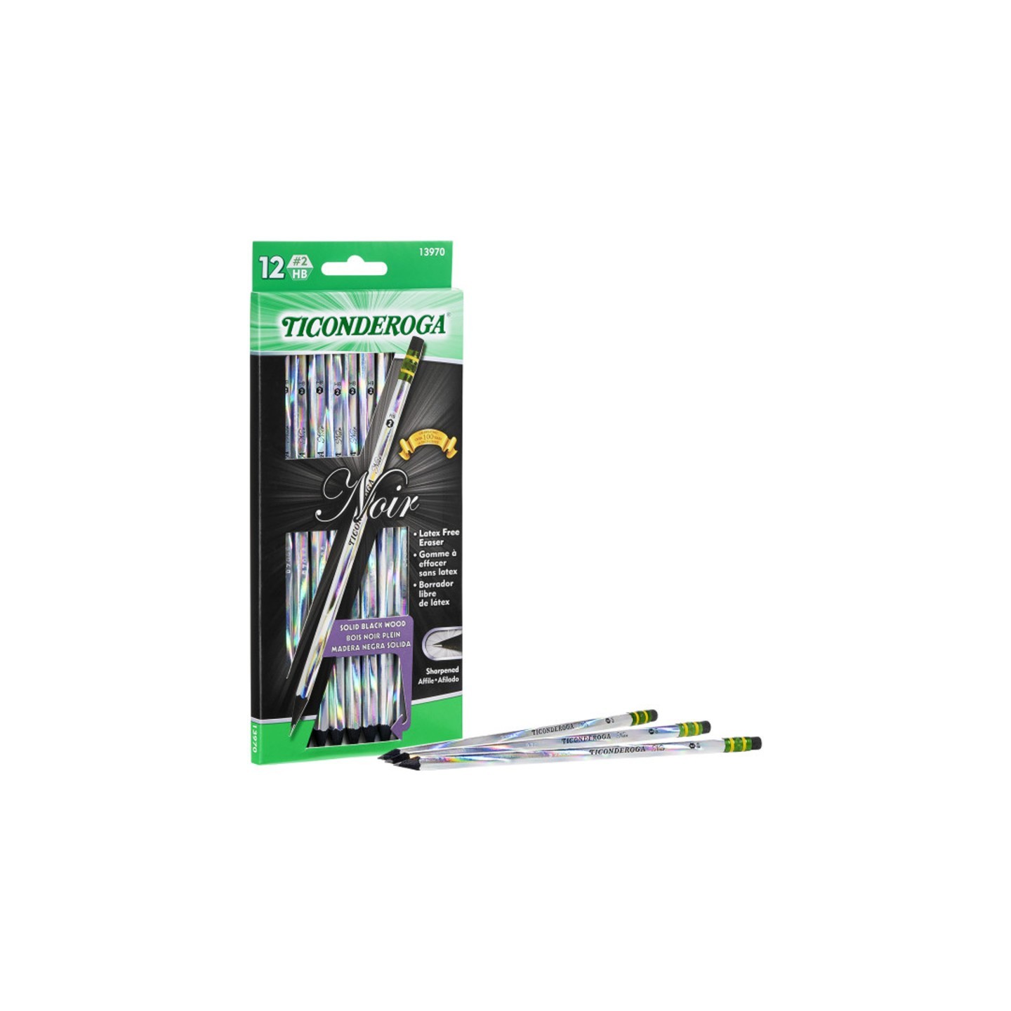 Ticonderoga® Noir Pencils, Holographic Foil on Black Wood, #2 Soft, Presharpened, Pack of 12