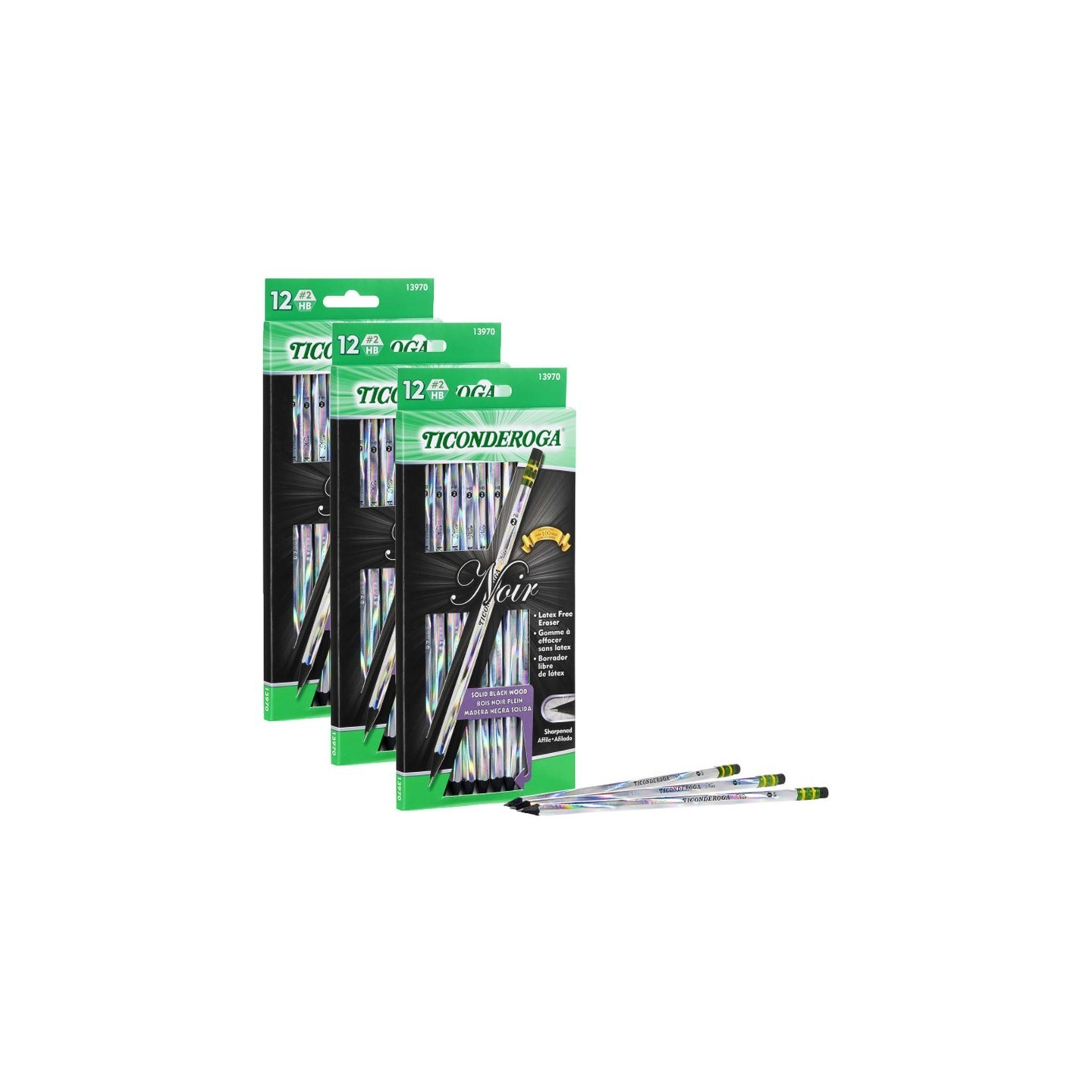 Ticonderoga® Noir Pencils, Holographic Foil on Black Wood, #2 Soft, Presharpened, 12 Per Pack, 3 Packs