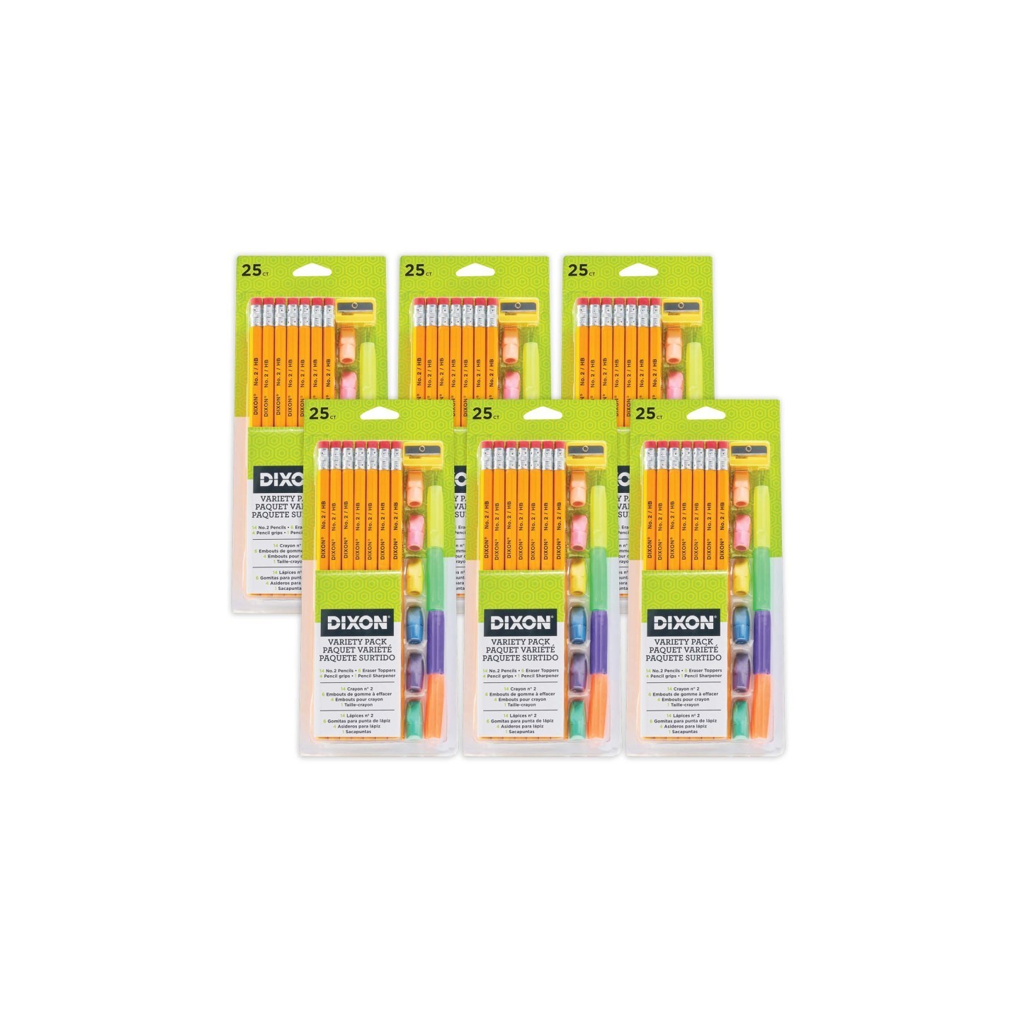Dixon® Variety Pack, #2 Pencils, Erasers, Pencil Grips Set, 6 Sets