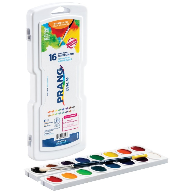 Prang® Semi-Moist Watercolor Paint Set, 16-Color Oval Pan with Brush