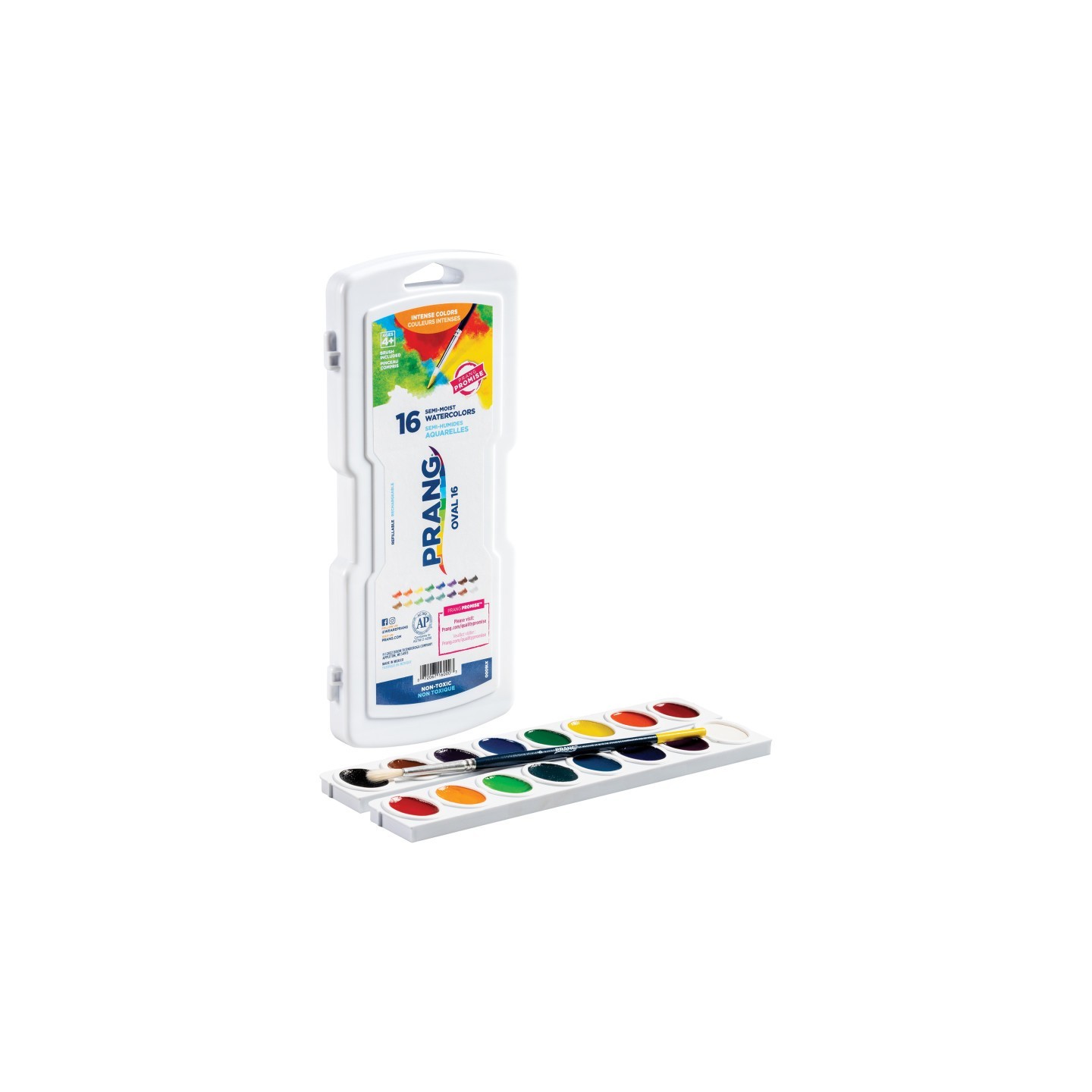 Prang® Semi-Moist Watercolor Paint Set, 16-Color Oval Pan with Brush
