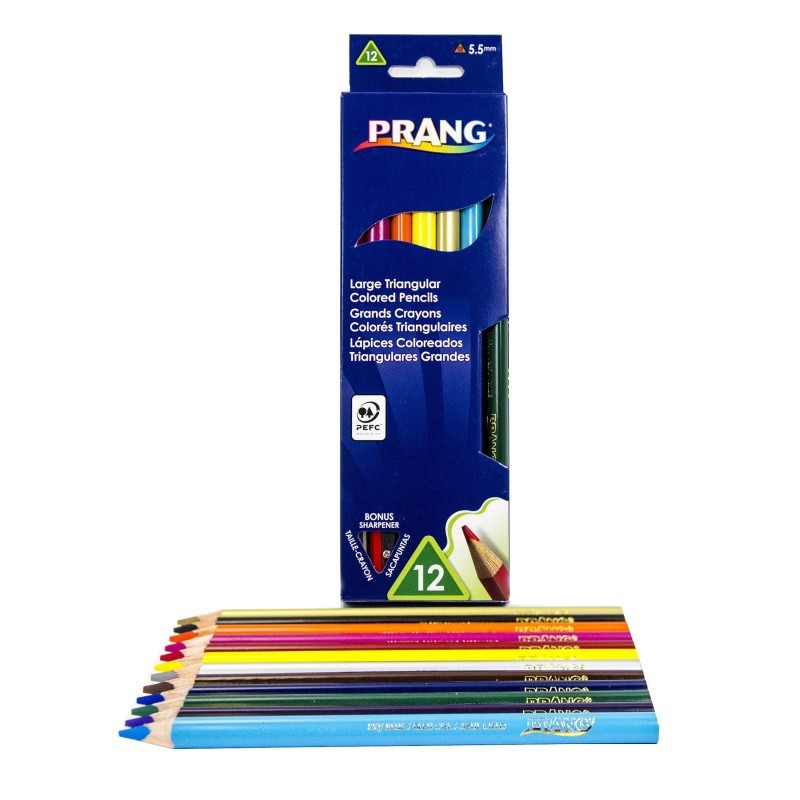 Prang® Triangular Colored Pencils, 5.5 mm core, With Sharpener, Assorted Colors, 12 Count