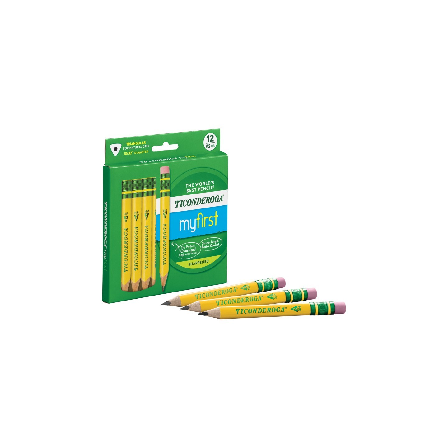 Ticonderoga® My First® Short Wooden Pencils, Large Triangle Barrel, Sharpened, #2 HB Soft, With Eraser, Yellow, 12 Count