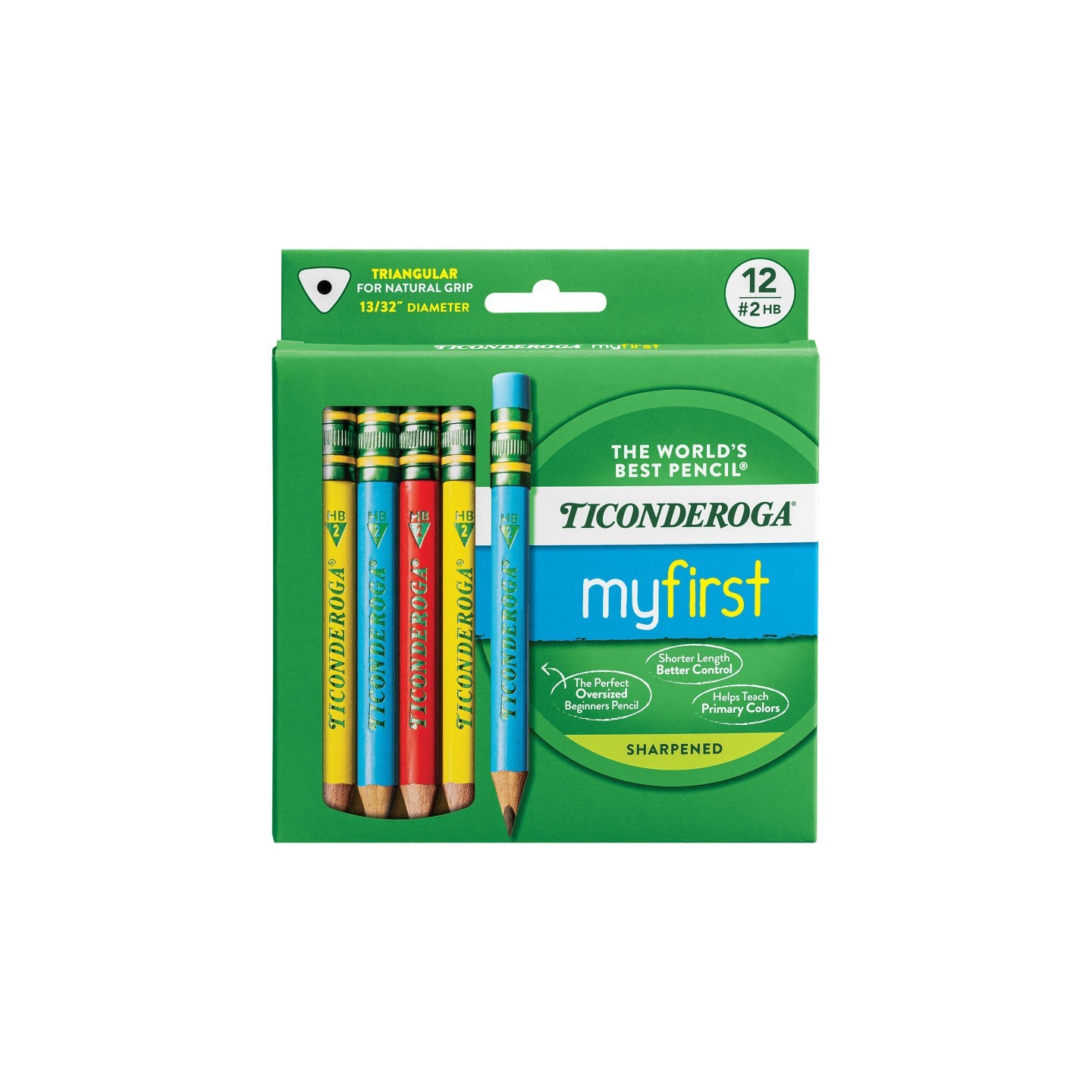 Ticonderoga® My First® Short Wooden Pencils, Large Triangle Barrel, Sharpened, #2 HB Soft, With Eraser, Primary Colors, 12 Count