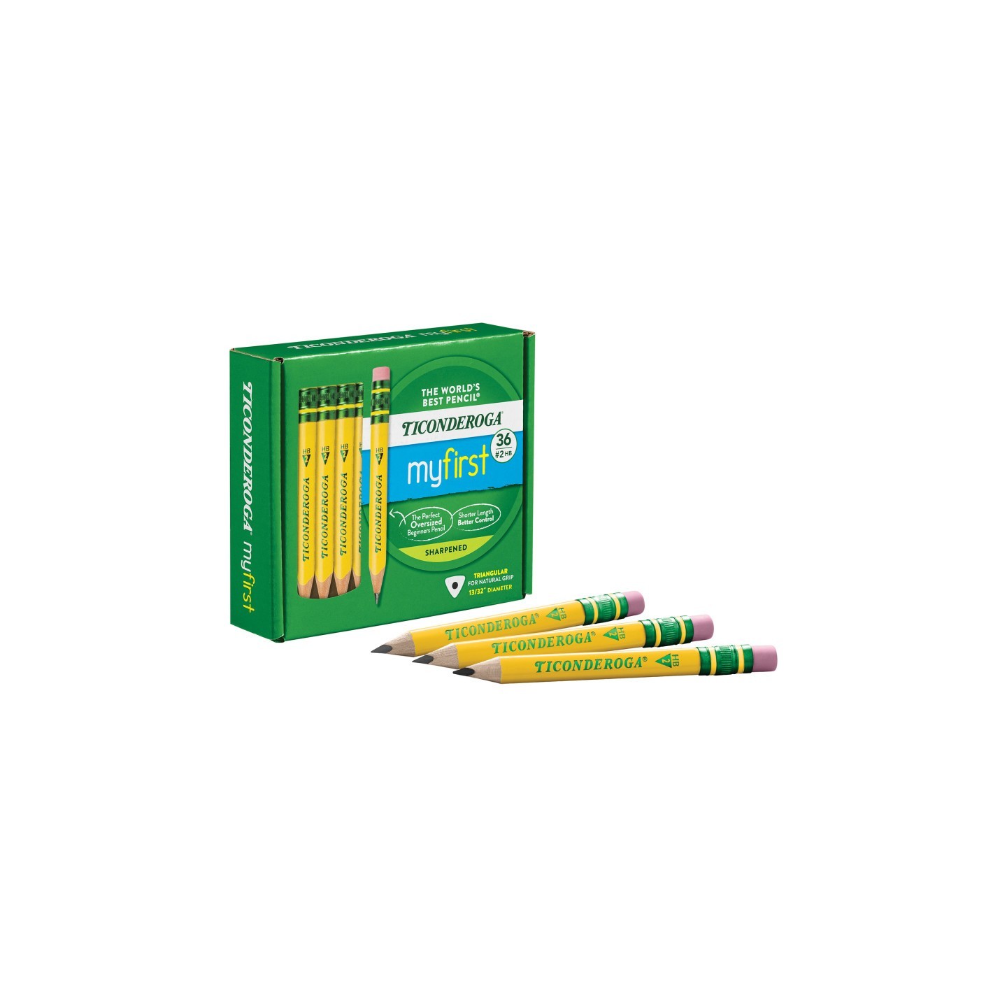 Ticonderoga® My First® Short Wooden Pencils, Large Triangle Barrel, Sharpened, #2 HB Soft, With Eraser, Yellow, 36 Count