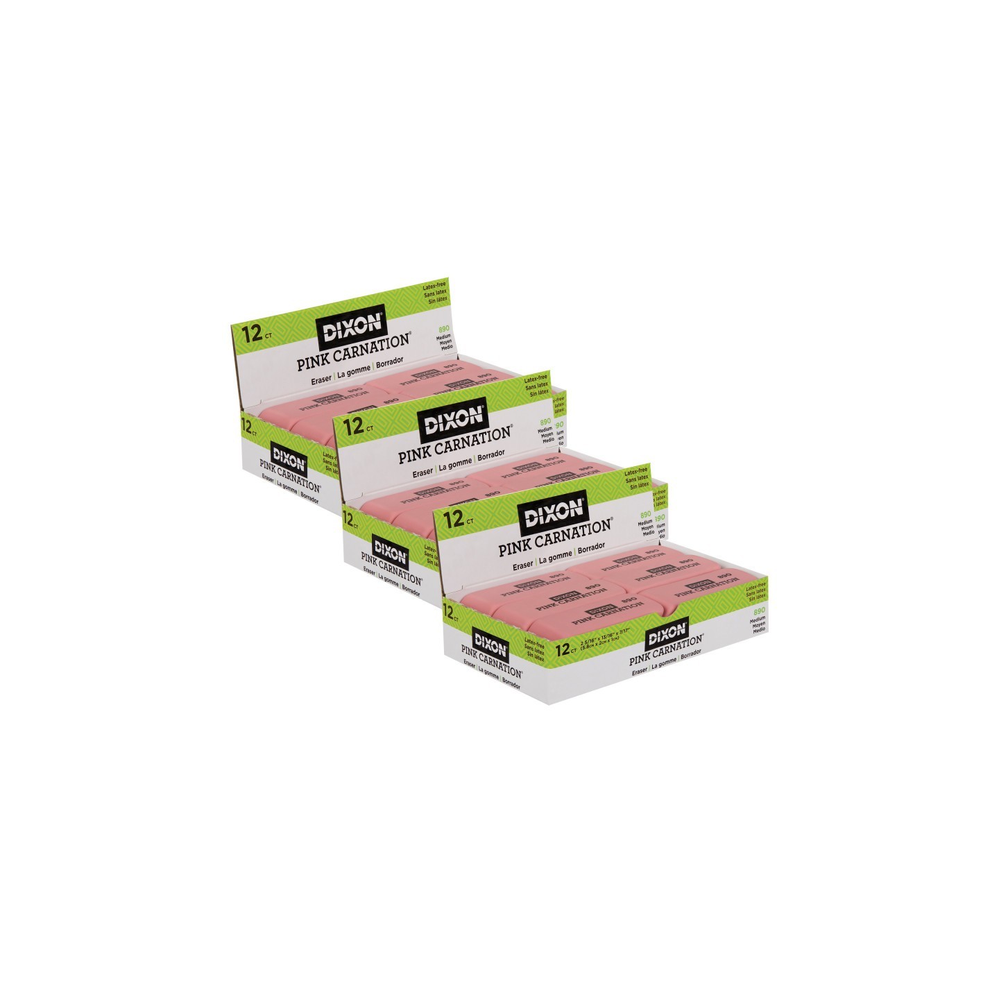 Dixon® Pink Carnation Erasers, Medium, 2-5/16 x 13/16 x 7/17, 12 Per Pack, 3 Packs