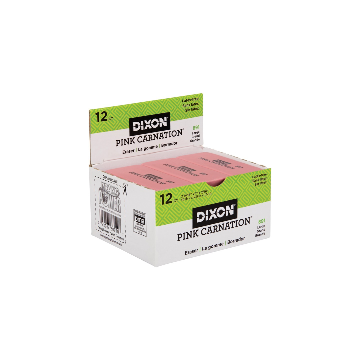 Dixon® Pink Carnation Erasers, Large, 2-9/16 x 1 x 7/16, Pack of 12