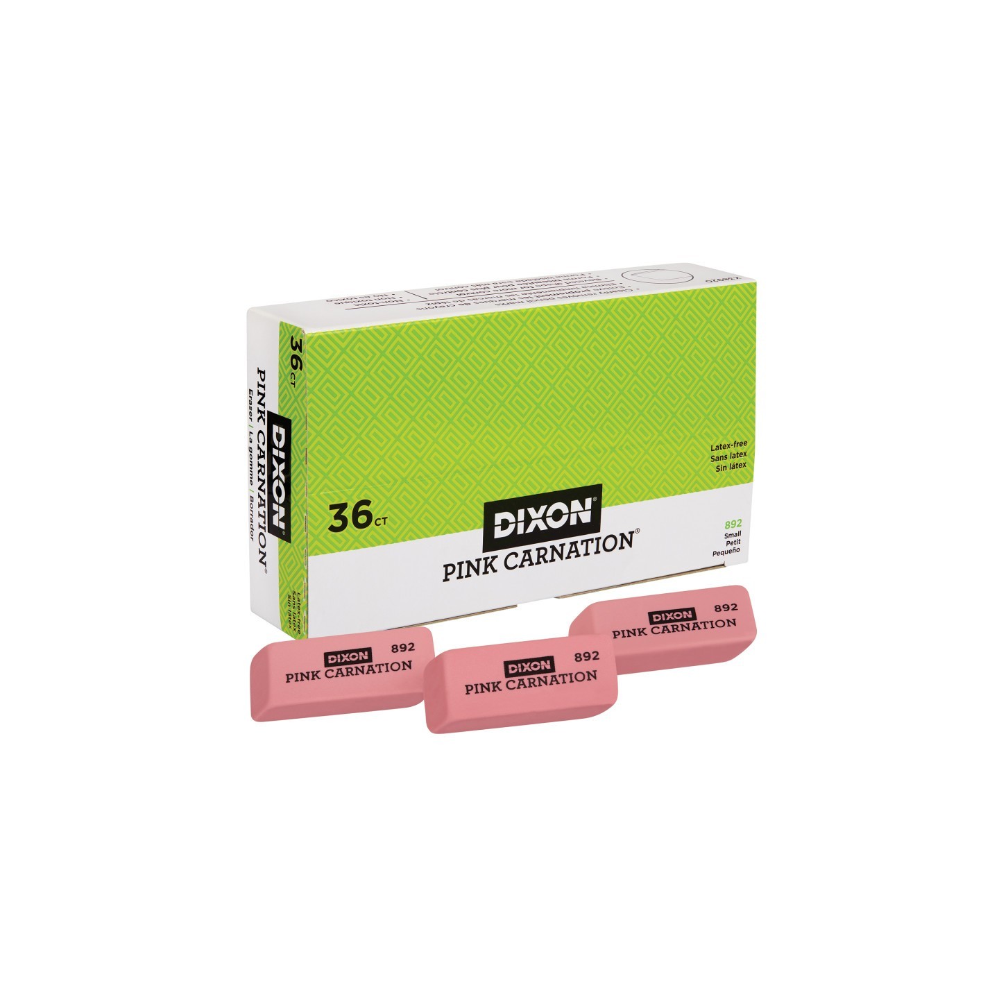Dixon® Pink Carnation Erasers, Small, 2 x 3/4 x 7/16, Pack of 36