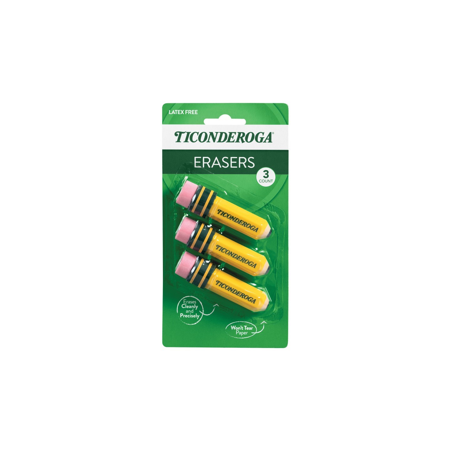 Ticonderoga® Erasers, Pencil Shaped, Yellow, 3 Count