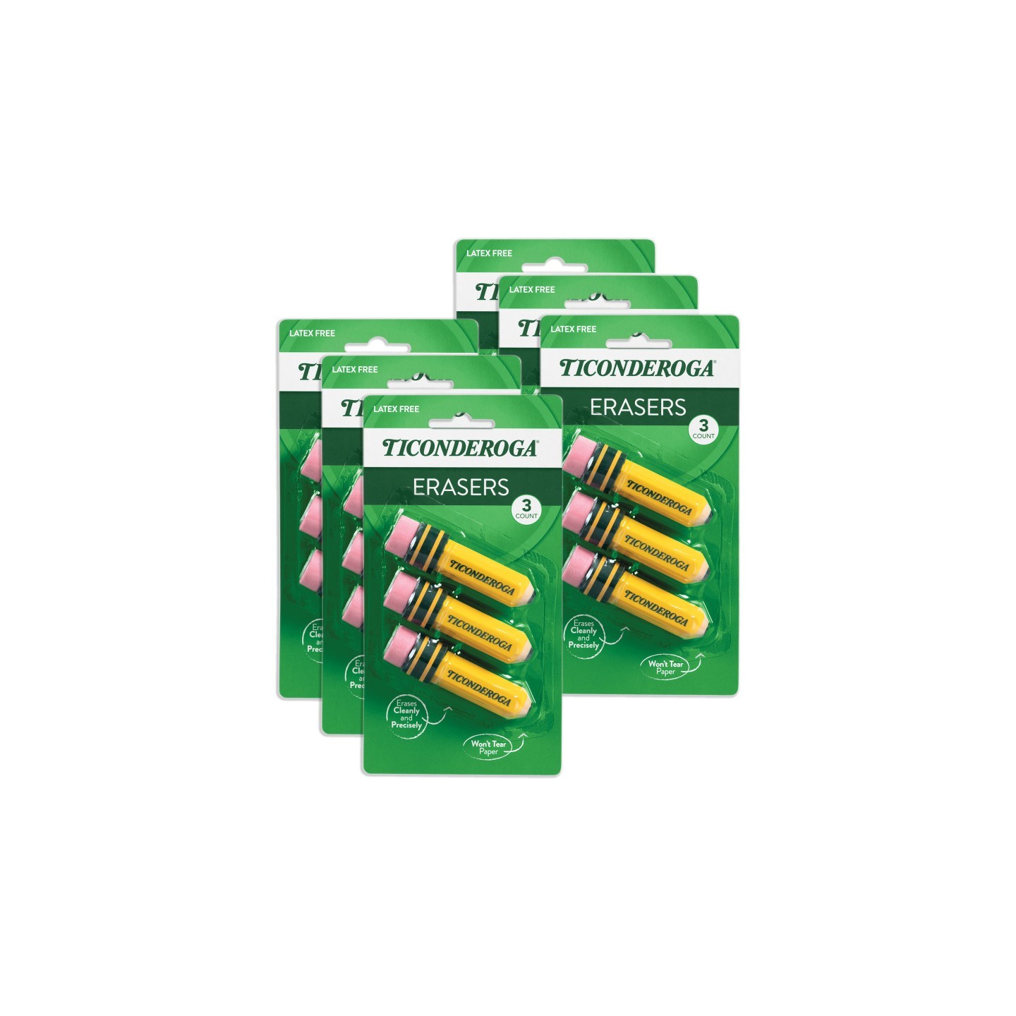 Ticonderoga® Erasers, Pencil Shaped, Yellow, 3 Per Pack, 6 Packs