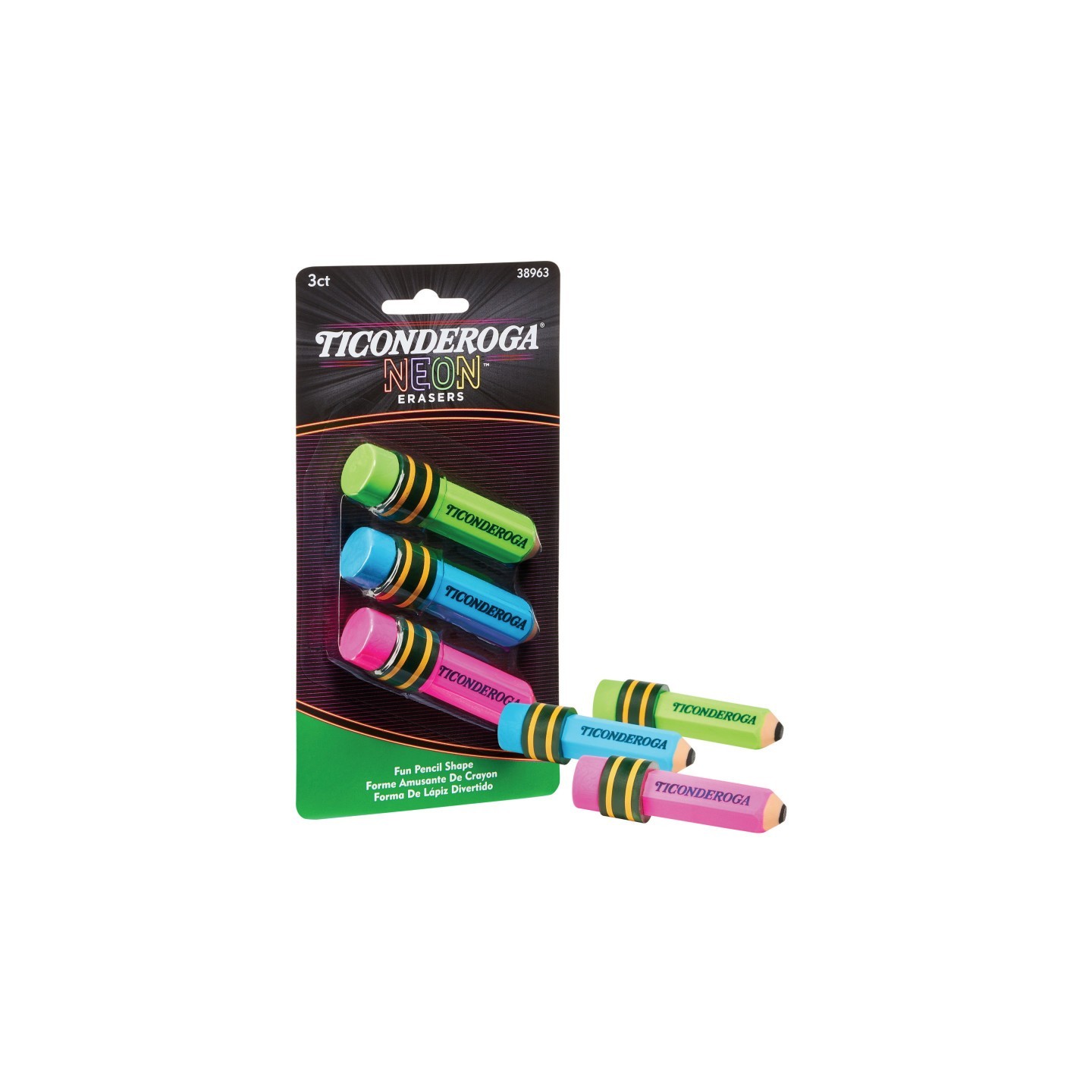 Ticonderoga® Pencil Shaped Neon Erasers, 3 Count