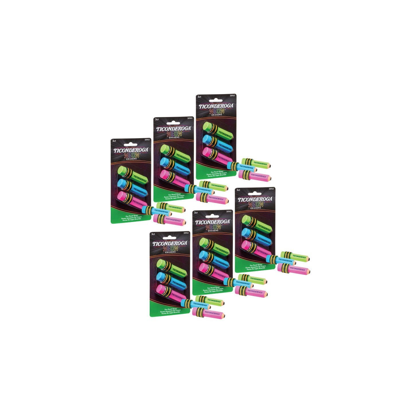 Ticonderoga® Pencil Shaped Neon Erasers, 3 Per Pack, 6 Packs