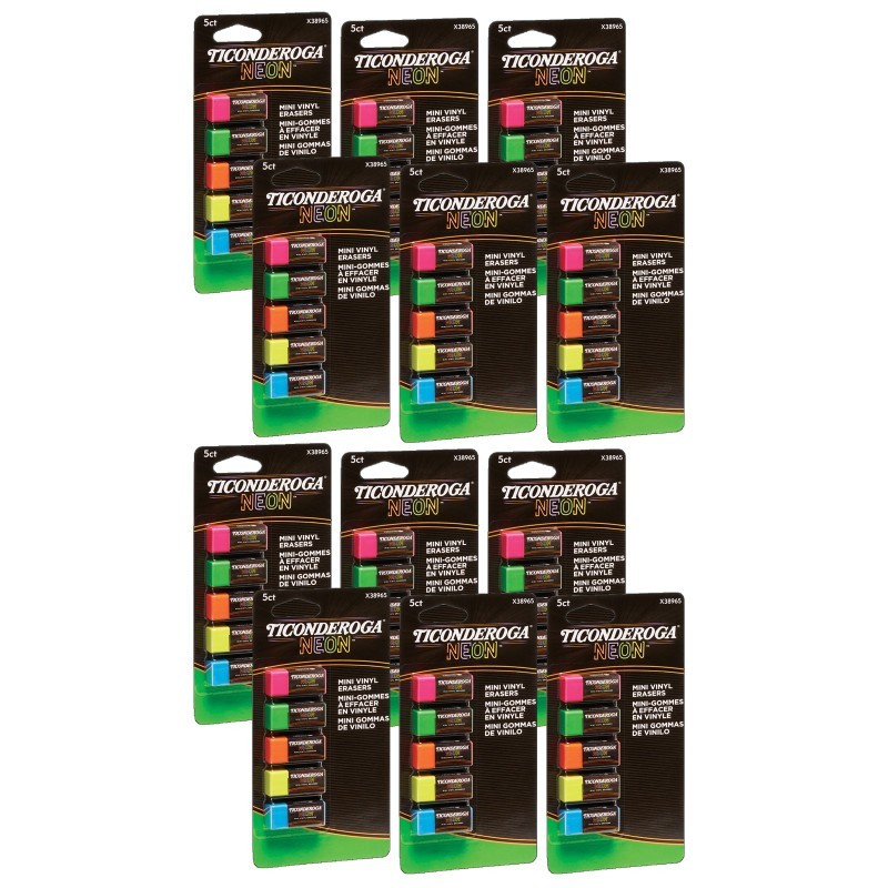 Ticonderoga® Mini Vinyl Erasers, Neon Assorted, 5 Per Pack, 12 Packs