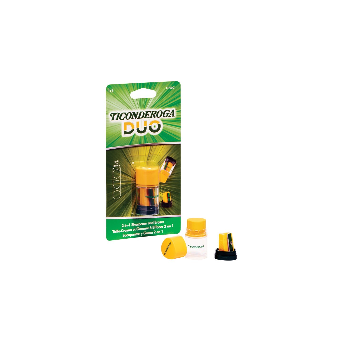 Ticonderoga® DUO Sharpener/Eraser, Green and Yellow, 1 Count