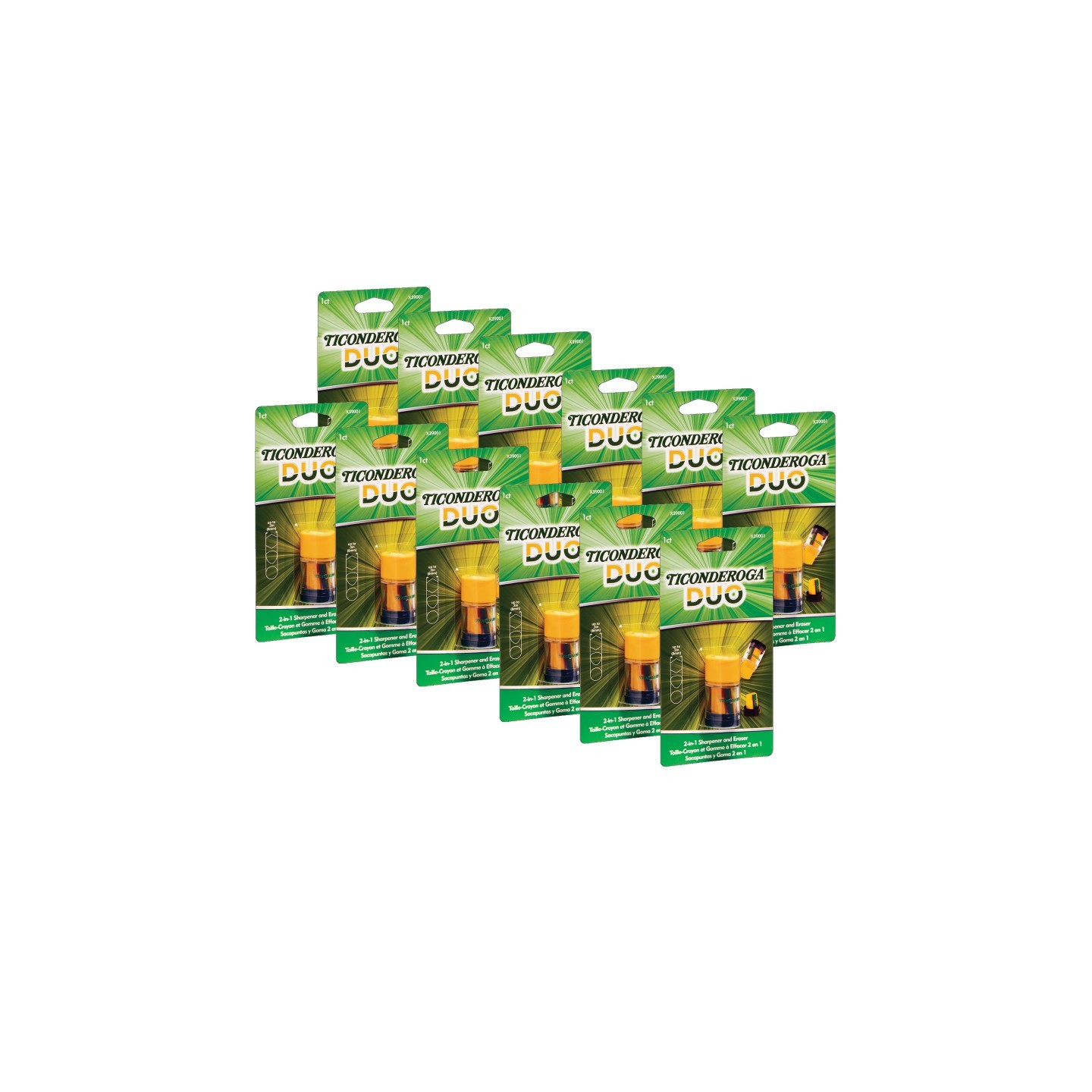 Ticonderoga® DUO Sharpener/Eraser, Green and Yellow, Pack of 12