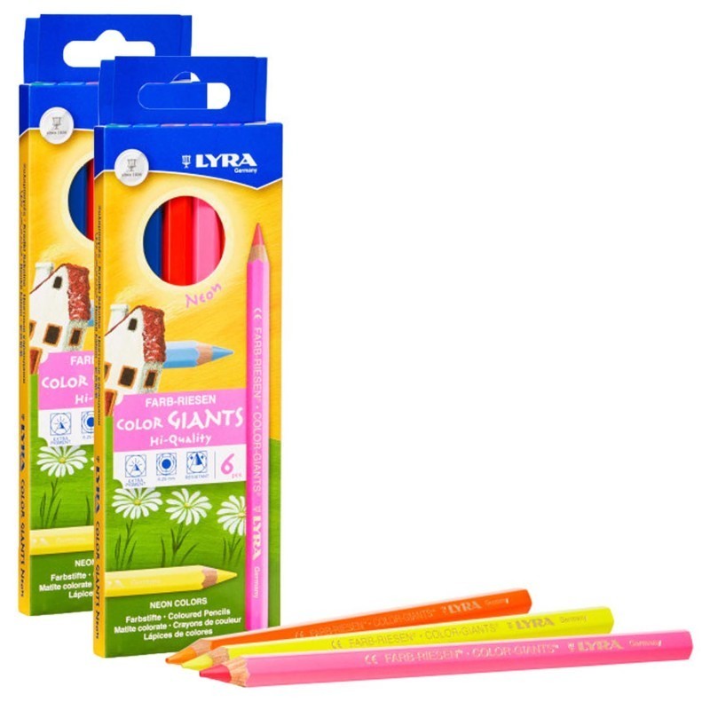 Lyra® Color Giant Colored Pencils, Neon, 6.25mm, Lacquered, 6 Colors Per Box, 2 Boxes