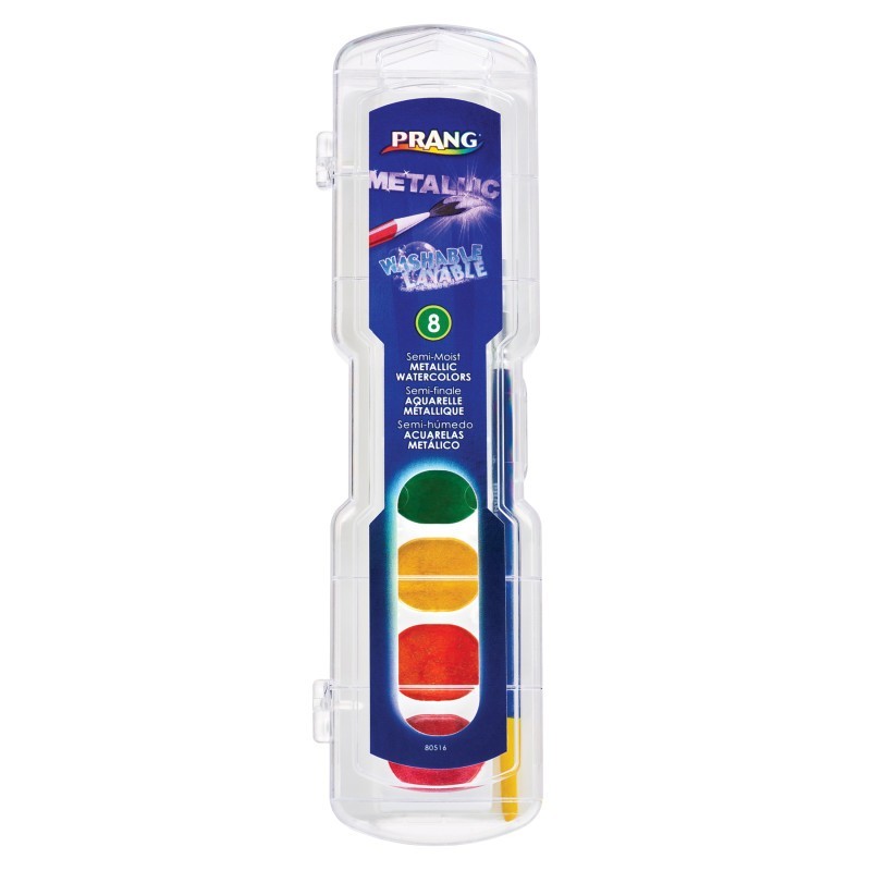 Prang® Washable Watercolors Set, 8 Assorted Metallic Colors w/Brush
