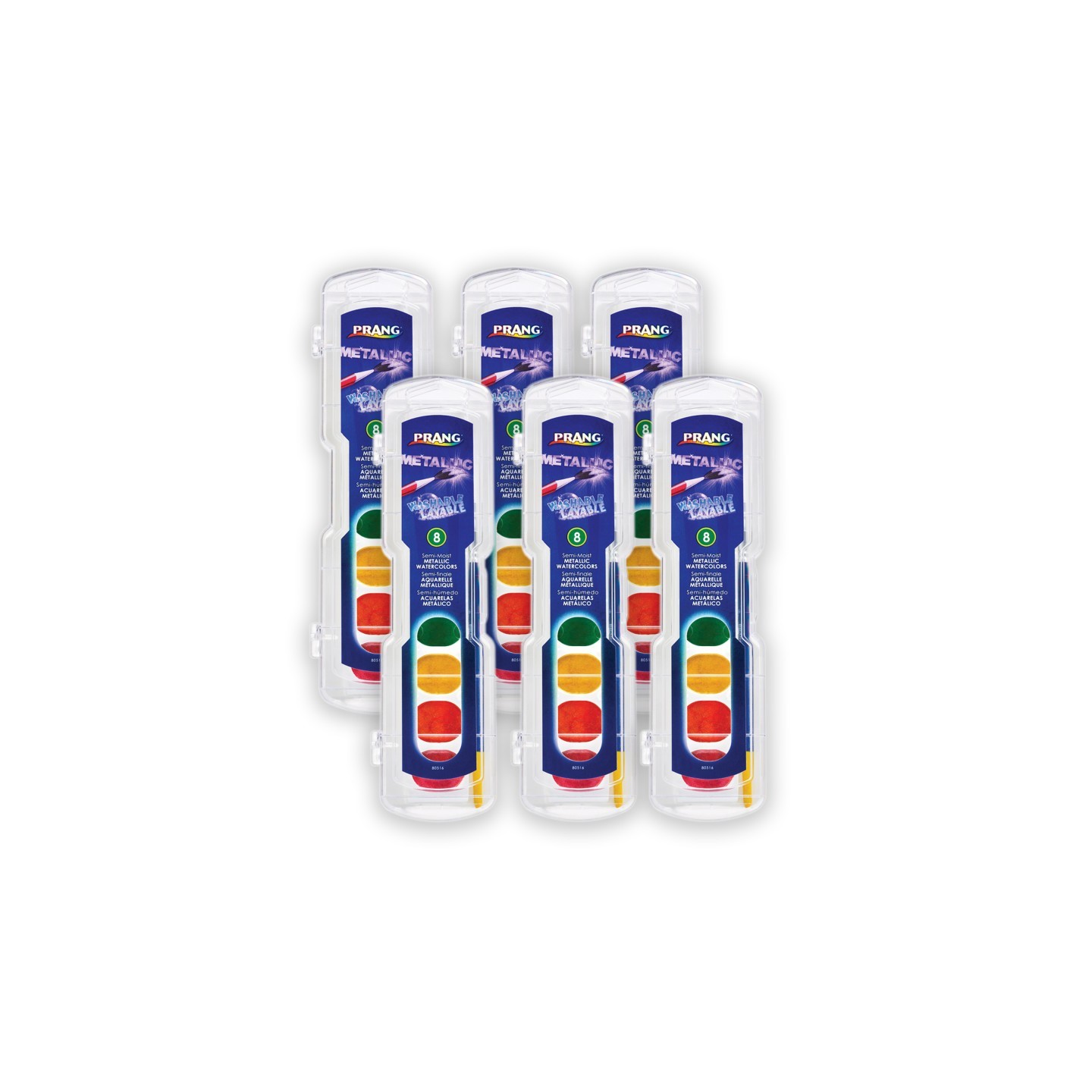 Prang® Washable Watercolors Set, 8 Assorted Metallic Colors w/Brush, Pack of 6